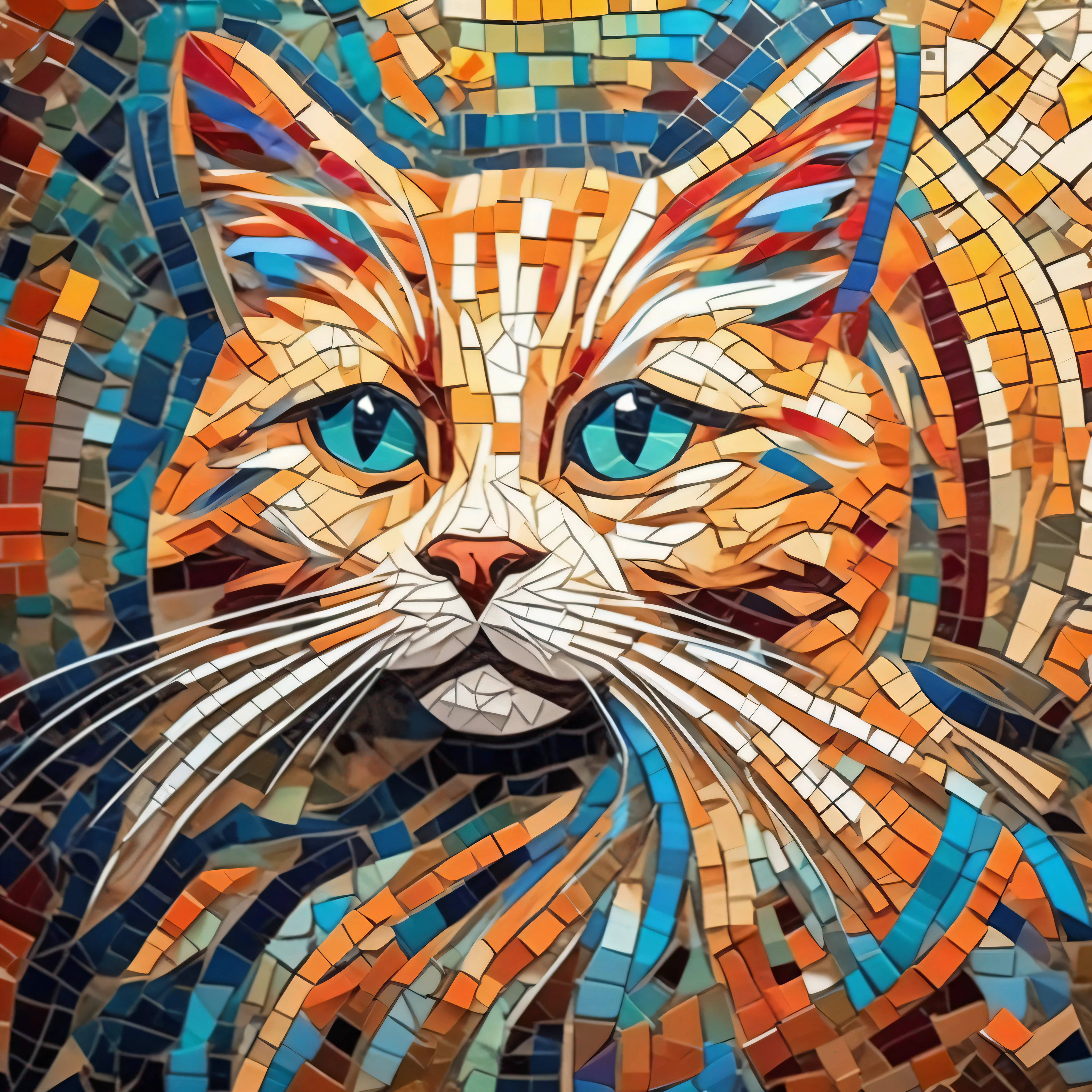 Mosaic art style cat, vibrant colors, indoor environment, soft lighting, calm mood, close-up composition