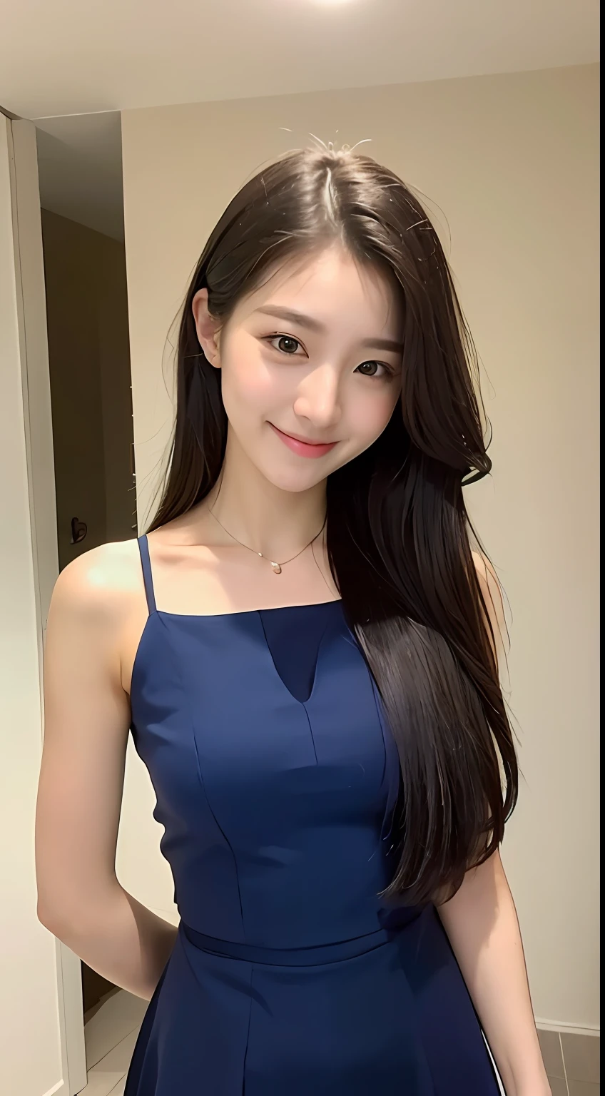 ((Best Quality, 8K, Masterpiece: 1.3)), 1 Girl, Slim Abs Beauty: 1.3, (Hairstyle Casual, Big: 1.2), Dress: 1.1, Super Slender Face, Delicate Eyes, Double Eyelids, Smile, Home, Raw Photo