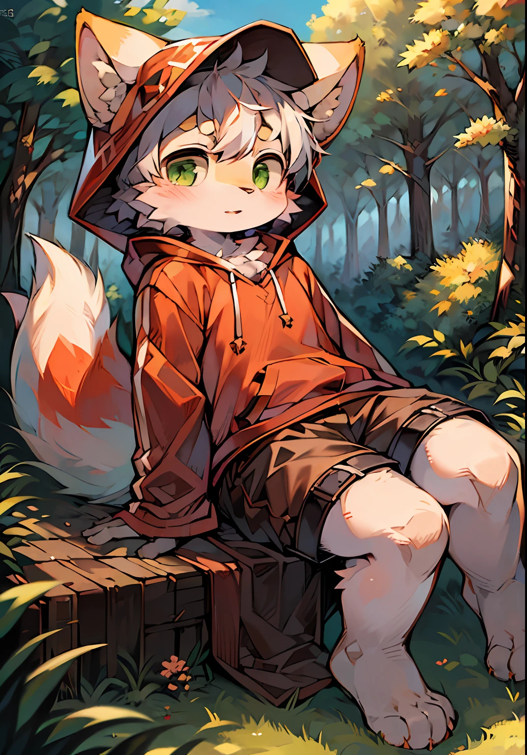 (Bright environment:0.8),Masterpiece,high-quality,abstract res,Digital painting\(piece of art\), By Dagasi, Yupa,Kiyosan,(anthro,Fluffy fur,Character focus:1.1),anthro male cat,Short hair,portrait , Bright eyes, panorama, Character focus.(Detailed background:0.7), solo, shaggy, Hairy male, Shota, Male focus, anthr,(Full body fur, Fluffy tail, White fur, Green eyes,:1.2), (Caps、Explorer、hood up：1.2），（exterior、midday、forests、tree：1.1）