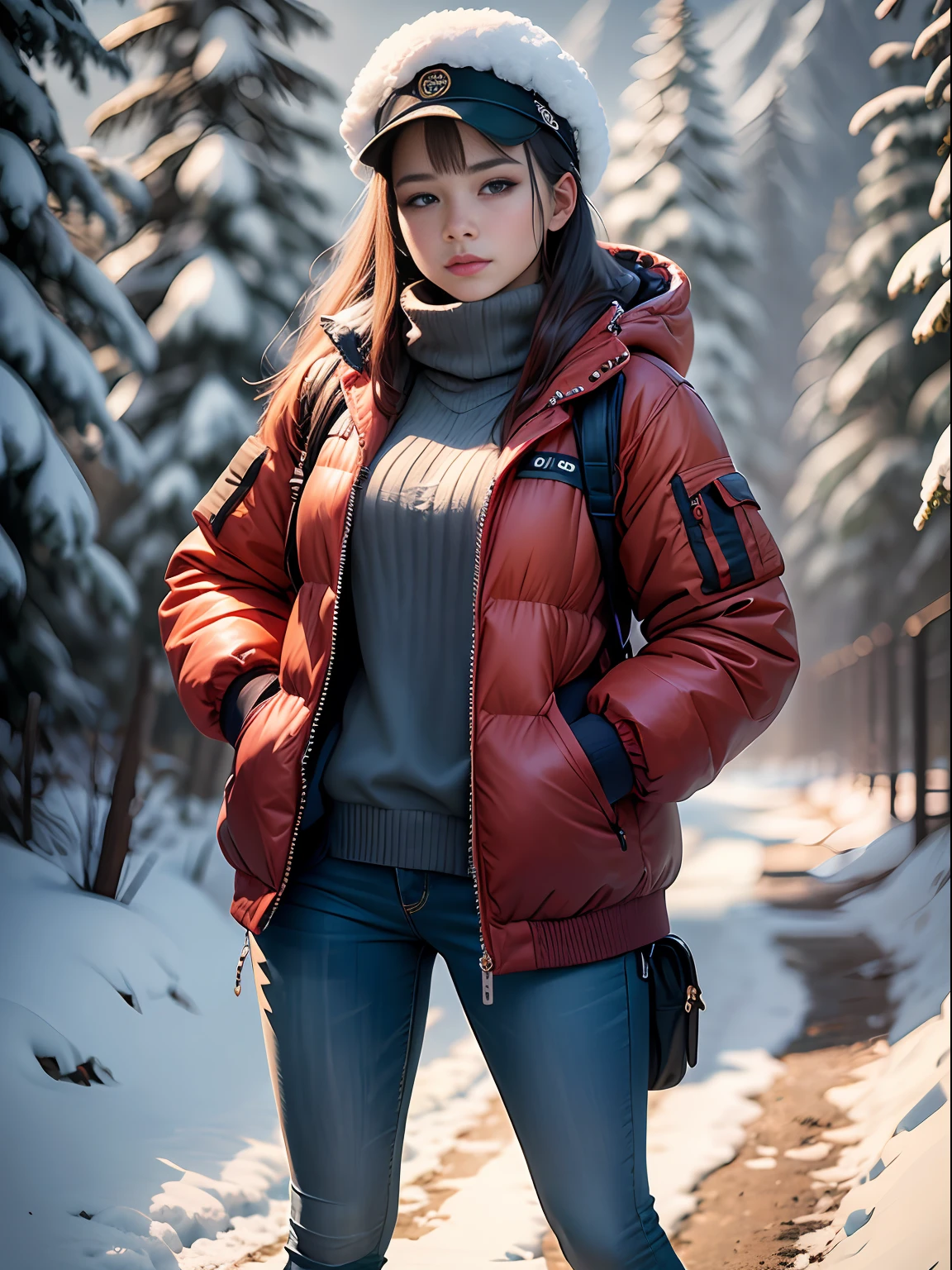 A beautiful portrait of a beautiful young girl, 25 years old, highly detail, HDR, portrait photography, (full body picture), snow mountain cap background, camera looking straight, cinematic look, HD