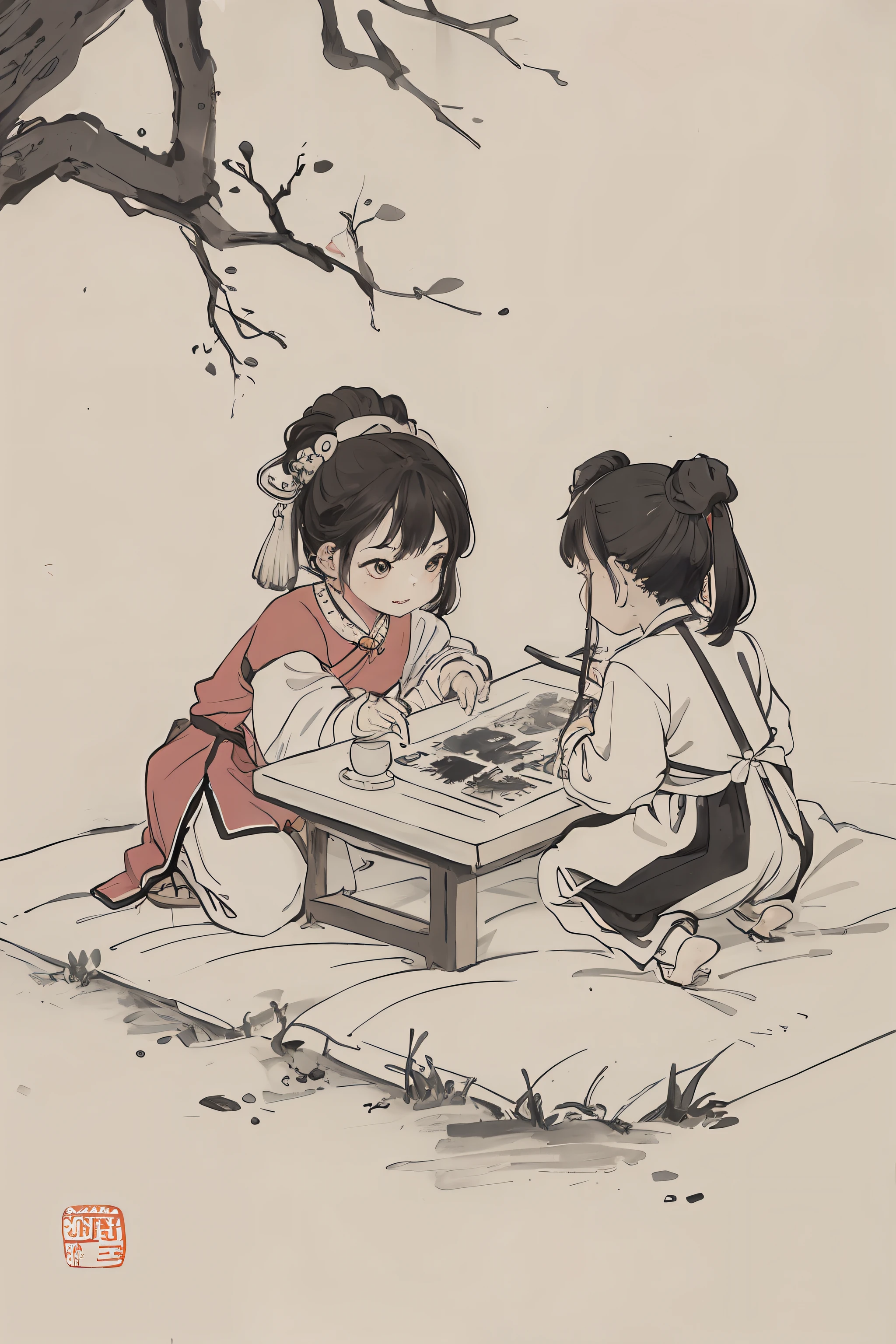 (masterpiece, best quality: 1.2), traditional Chinese ink painting, two children