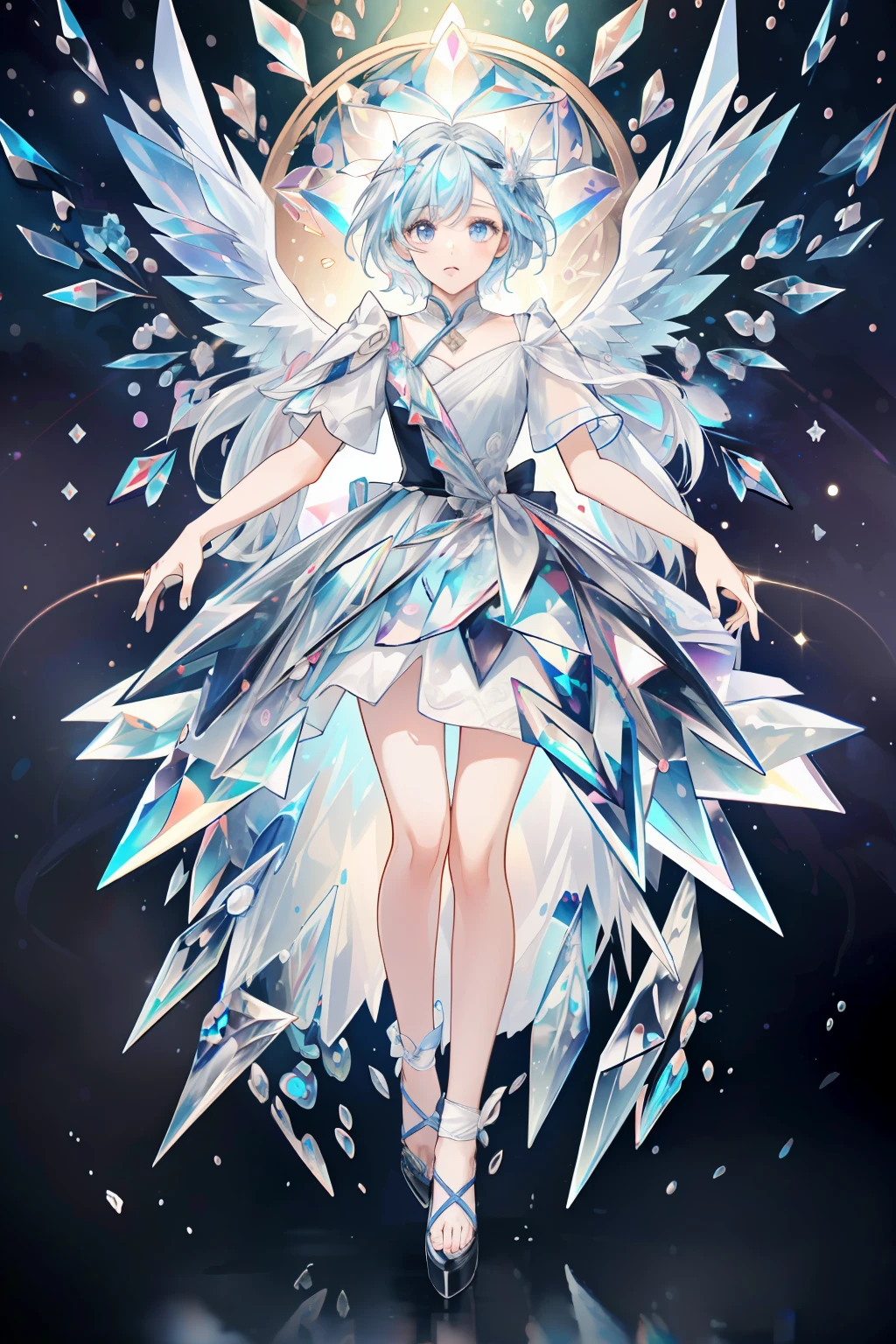 ((best quality)), ((masterpiece)), (detailed),1girl,solo,angel, quan,full body,colorful, extremely detailed CG unity 8k wallpaper, intricate details, kaleidoscopic imagery, symmetrical patterns, vibrant colors, geometric shapes, mesmerizing designs, optical illusions, dynamic composition, pantomime art, crystallineAI