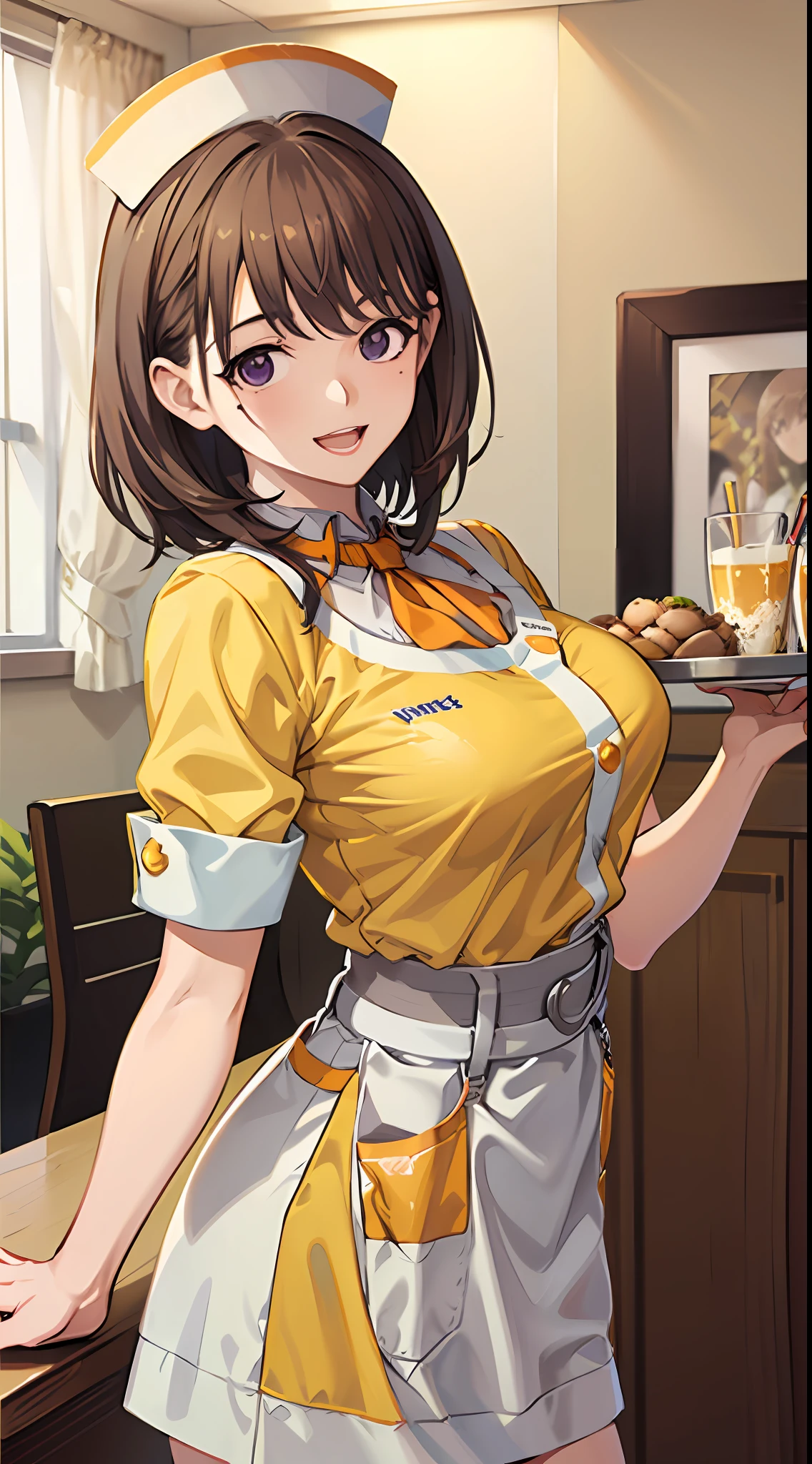 Big anime girl posing in front of window、(((Waitress Uniform:1.2)))、((Yellow Uniform)), ((Yellow sleeves)), ((Yellow skirt)), ((Orange tie)), ((White apron)), (((The best smile with a little open mouth)))、((Focus on the upper body))、((Focus on people))、((Purple eyes)), ((Brown hair))、((View diagonally from the right))、((Wave your right hand))、((Holding the tray in your left hand)), Seductive anime girl、best anime 4k konachan wallpaper、attractive anime girl、4k anime wallpaper、Detailed Digital Anime Art、Anime Best Girl、beautiful anime girl、Detailed anime artwork、beautiful alluring anime woman