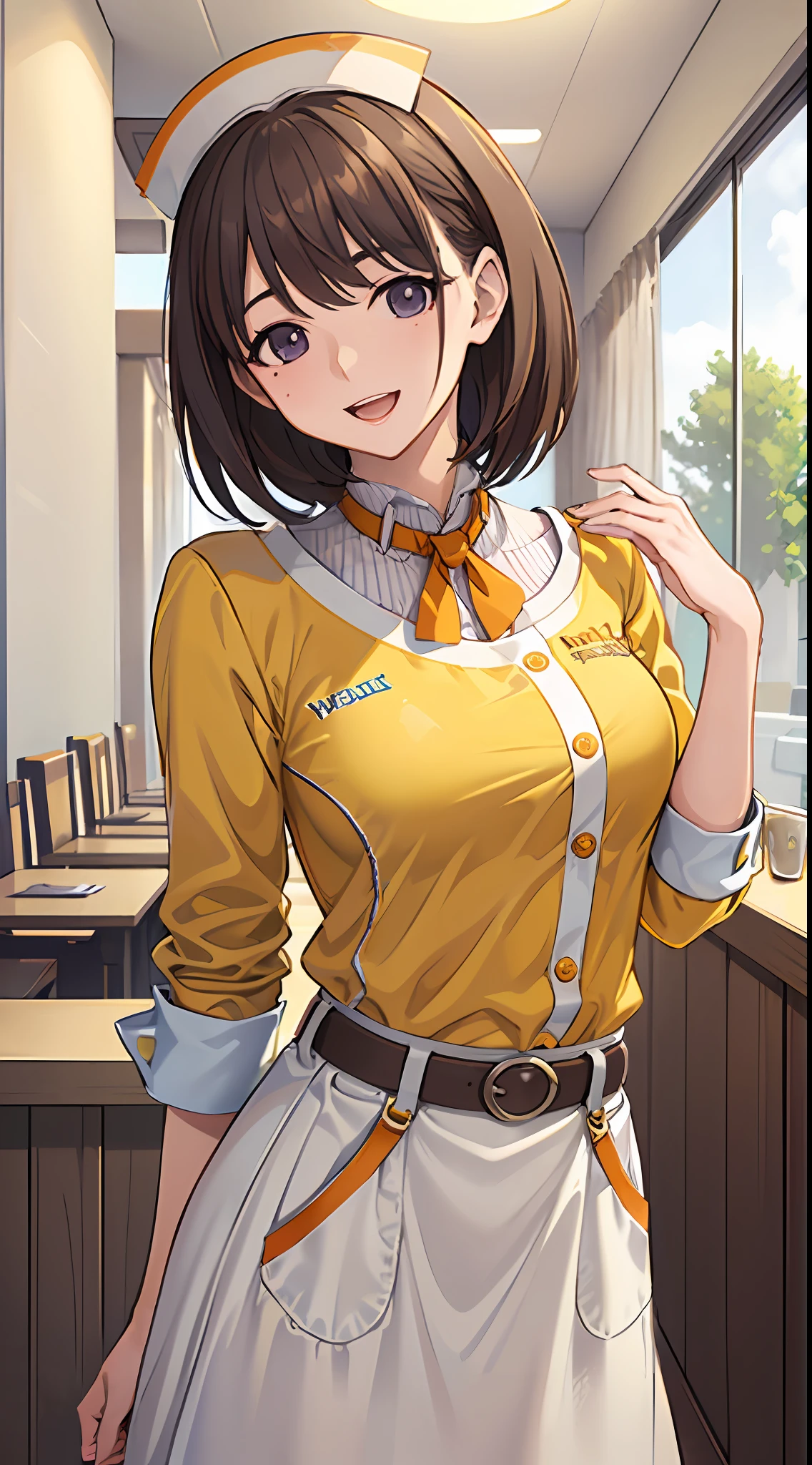 Big anime girl posing in front of window、(((Waitress Uniform:1.2)))、((Yellow Uniform)), ((Yellow sleeves)), ((Yellow skirt)), ((Orange tie)), ((White apron)), (((The best smile with a little open mouth)))、((Focus on the upper body))、((Focus on people))、((Purple eyes)), ((Brown hair))、((View diagonally from the right))、((Wave your right hand))、((Holding the tray in your left hand)), Seductive anime girl、best anime 4k konachan wallpaper、attractive anime girl、4k anime wallpaper、Detailed Digital Anime Art、Anime Best Girl、beautiful anime girl、Detailed anime artwork、beautiful alluring anime woman