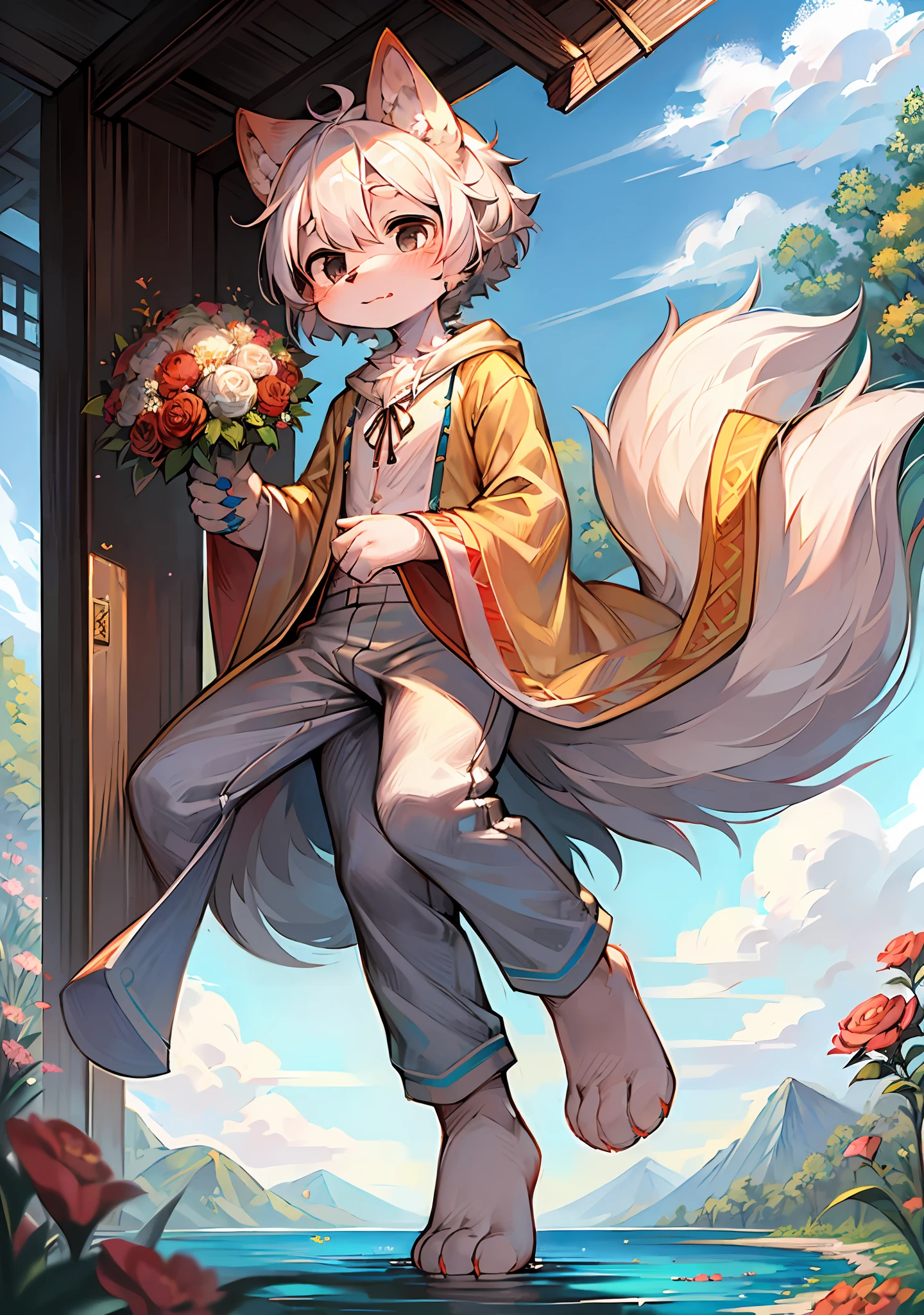 (Bright environment:0.8),Masterpiece,high-quality,abstract res,Digital painting\(piece of art\), By Dagasi, Yupa,Kiyosan,(anthro,Fluffy fur,Character focus:1.1),anthro male cat,Short hair,portrait , Bright eyes, panorama, Character focus.(Detailed background:0.7), solo, shaggy, Hairy male, Male focus, anthr,(Full body fur, Fluffy big tail, White fur, Black eyes, White hair:1.2), (Long canids、Junior high school student、White robe,White trousers,White top with long sleeves:1.2),(Bright outdoors,Blue sky,Bouquet,Fine,shy,a paradise,Lake,Exquisite:1.1)