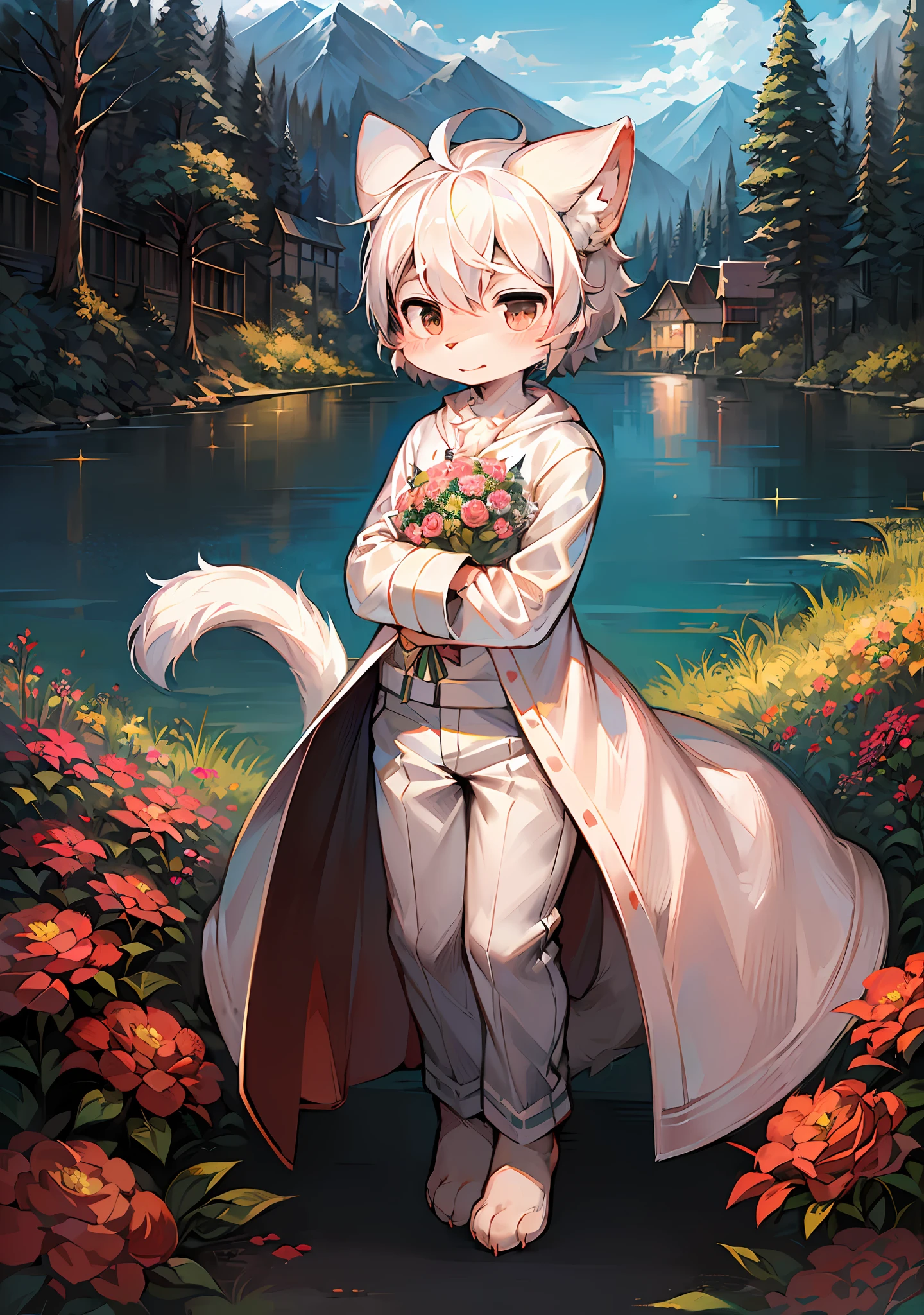 (Bright environment:0.8),Masterpiece,high-quality,abstract res,Digital painting\(piece of art\), By Dagasi, Yupa,Kiyosan,(anthro,Fluffy fur,Character focus:1.1),anthro male cat,Short hair,portrait , Bright eyes, panorama, Character focus.(Detailed background:0.7), solo, shaggy, Hairy male, Male focus, anthr,(Full body fur, Fluffy big tail, White fur, Black eyes, White hair:1.2), (Long canids、、White robe,White trousers,White top with long sleeves:1.2),(Bright outdoors,Blue sky,Bouquet,Fine,shy,a paradise,Lake,Exquisite:1.1)