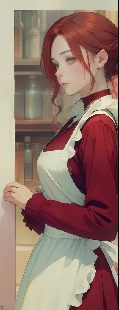 2D low detail illustration of beautiful red-haired women in long dress , pink color with ruffles on the hood, apron