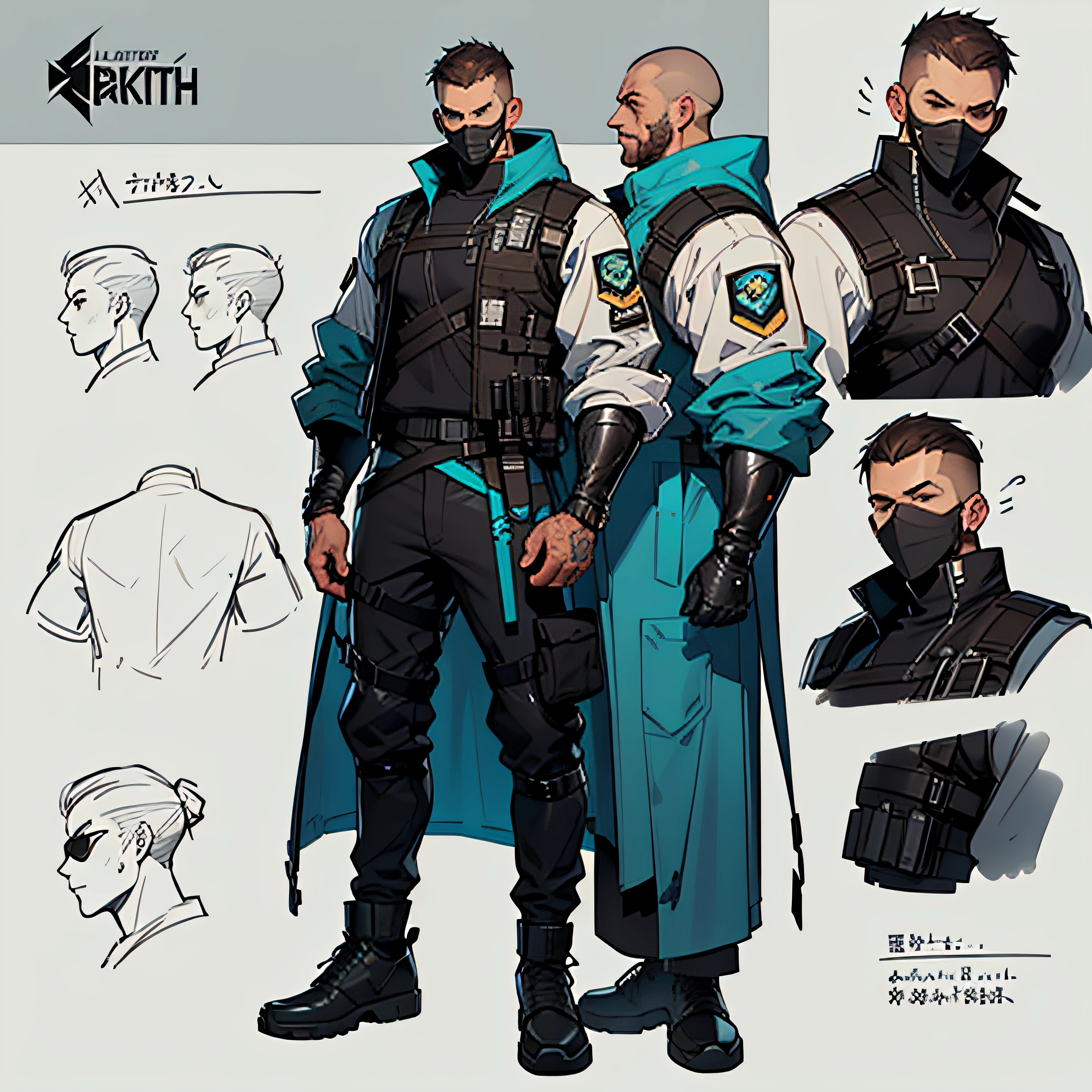 ((masterpiece)), (ultra detailed), (best quality), detailed background, (arknights style), (concept art, character sheet), (adult man, tall, muscular body, dark brown hair, bareheaded),(protective clothing,Tactical vests,Tactical masks,Blue goggles,respiratory organ),(Cyan reflective patch on the breastplate),Tough guy --auto