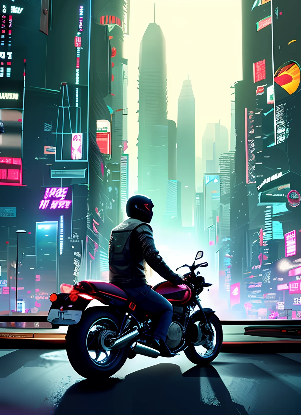 In Cyberpunk World, a man rides a black tr300 motorcycle. He wears a black high-tech helmet with HJQ written on it. Next to the man stands a beautiful girl with a cat in her arms. The perspective of the picture is a front view, belonging to conceptual art and cg rendering. The details of the picture are super detailed, and the resolution of the picture is 4k