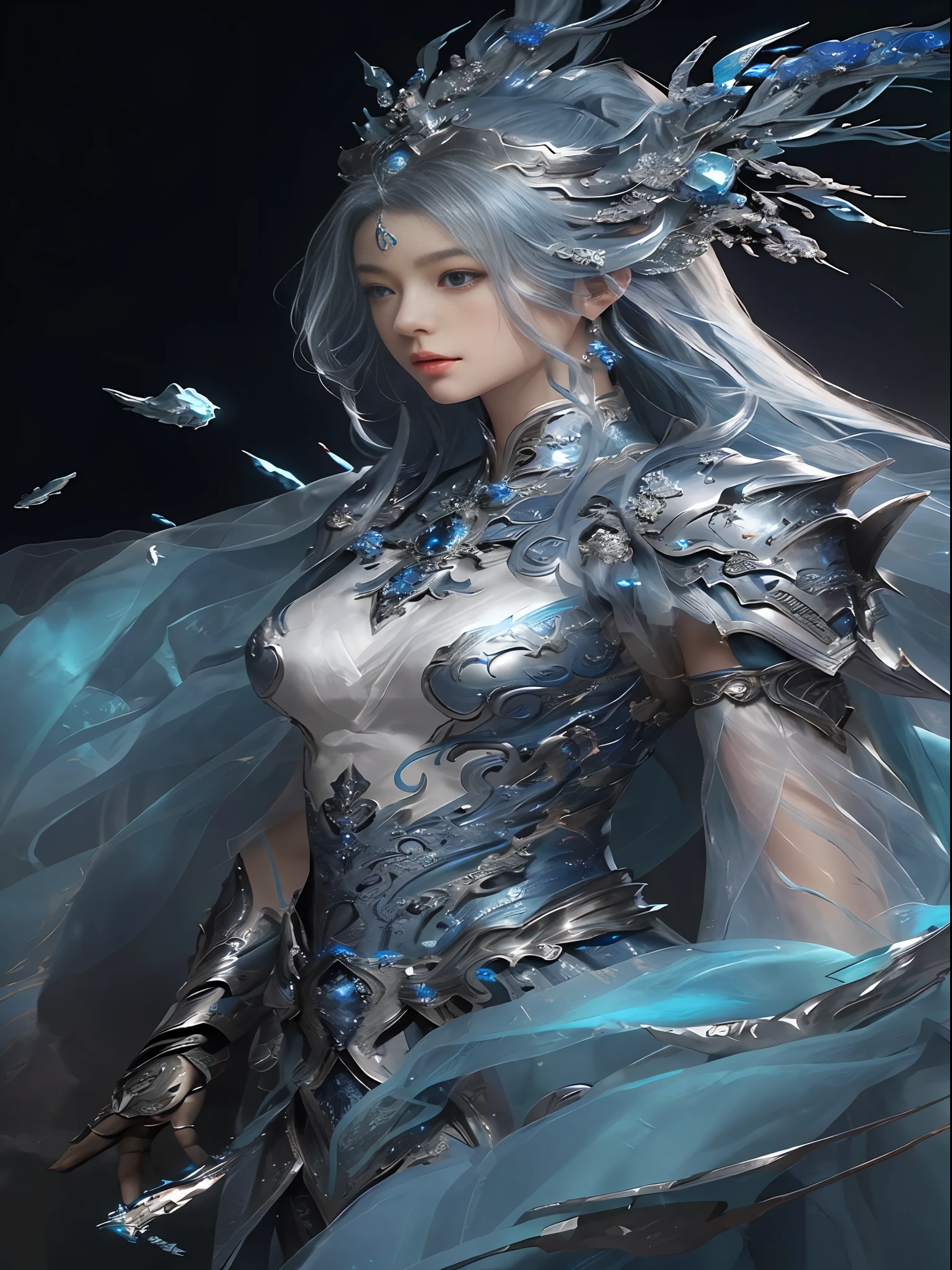 a close up of a woman in a silver and blue dress, chengwei pan on artstation, by Yang J, detailed fantasy art, stunning character art, fanart best artstation, epic exquisite character art, beautiful armor, extremely detailed artgerm, detailed digital anime art, artgerm on artstation pixiv, armor girl