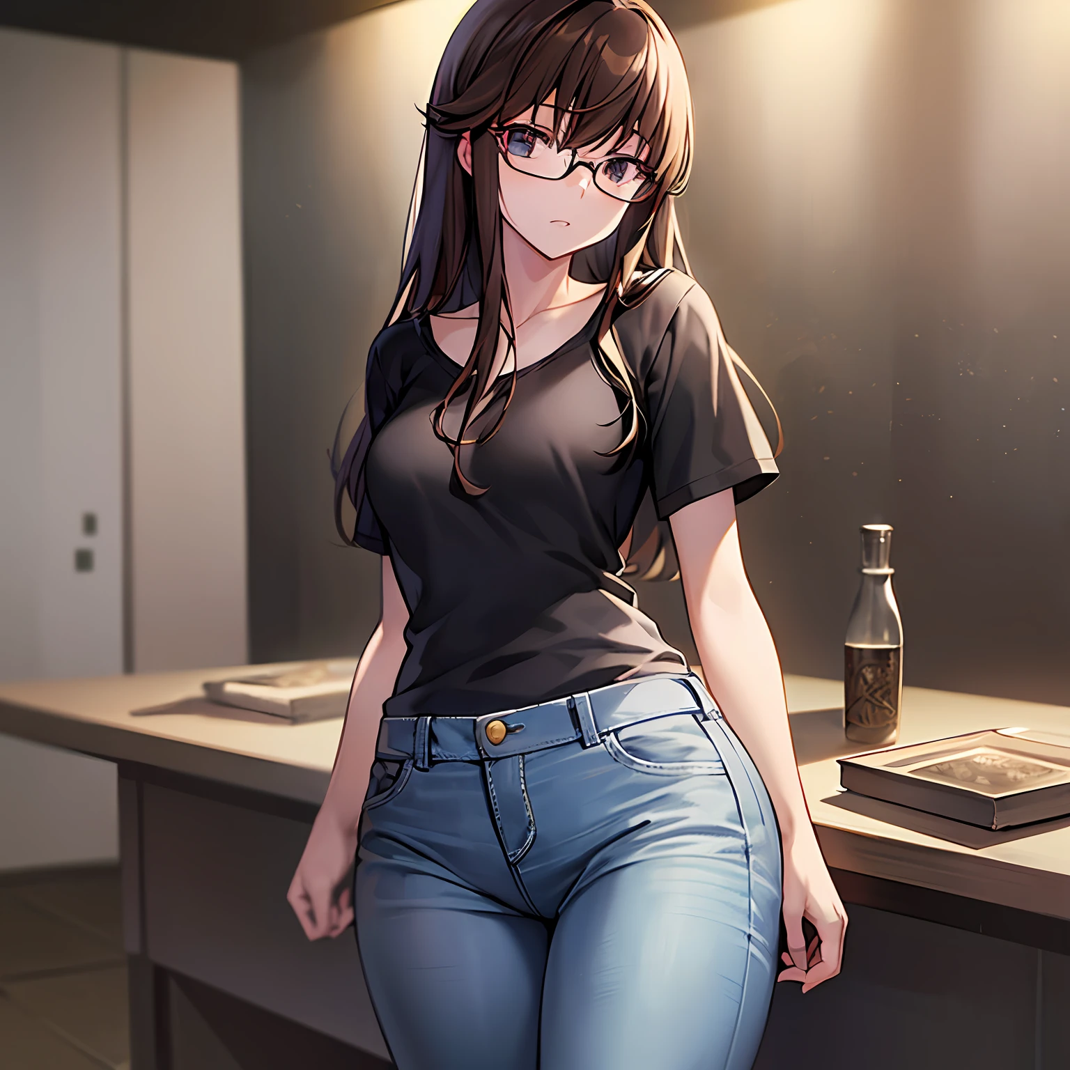 super-detailed、((master masterpiece、best-quality、detaild))、Hard rim lighting、((Dramatic lighting))、Sharp Focus、One Girl、Code Geass、C.C.、Dark hair、Black-rimmed glasses、the whole body、shirt、jeans、Small breasts、Slender