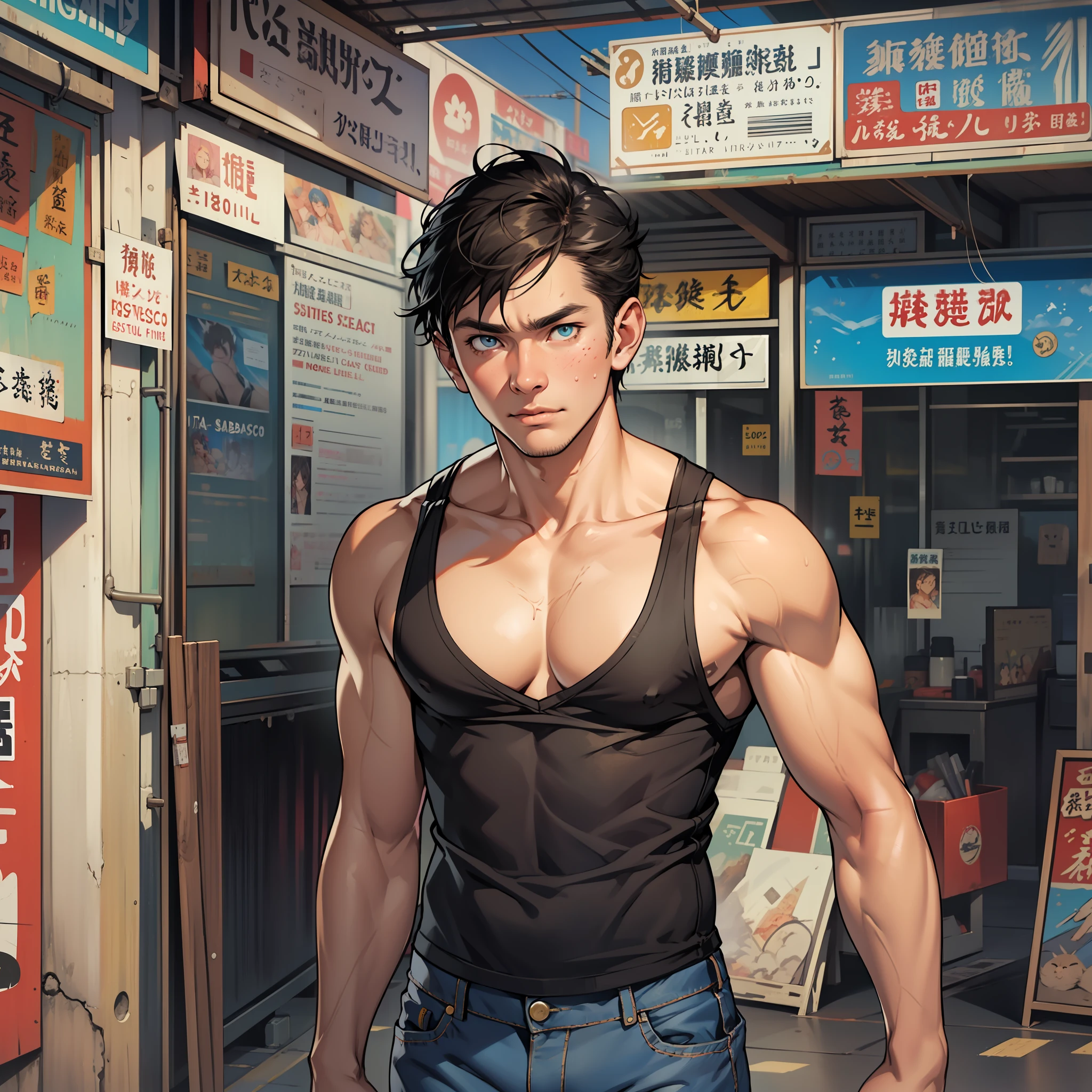 ((master masterpiece、best-quality、Ultra-fine、high-definition))、solo、Man in his 50s、Glittering eyes、Perfect eyes、Less hair、Wrinkled face、Nasolabial fold、There are many spots on the face、short stature、I'm hungry、Thai、tank top、Denim pants、action pose、fullbody shot、Pattaya Beach、A lonely man who acts alone in the world