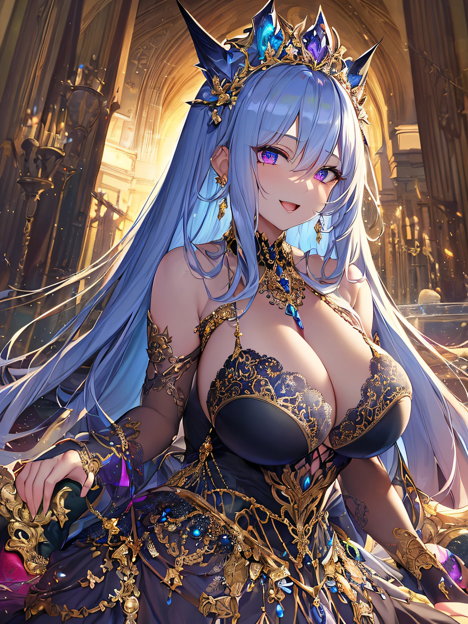 ((anime artstyle)),(Masterpiece),(Best Quality), (Super Detail),((Very Delicate and Beautiful)),Focus on character,Dynamic Angle,Looking at viewer,((Solo)),standing,(((full body))),((one evil and cute princess in gorgeous ball gown with voluminous skirt)),detailed face and eyes,(Wicked laugh),jewel-like eyes,((Very Long voluminous Hair)),gorgeous embroidery and lace,See-through,ornate ruffles,Gorgeous jewelry ornaments,luxury hair ornament,luxury and evil tiara with jewels,(gigantic breasts,Long breasts),full body,((evil and dark atmosphere)),full body,(((gorgeous ball gown with voluminous skirt)))