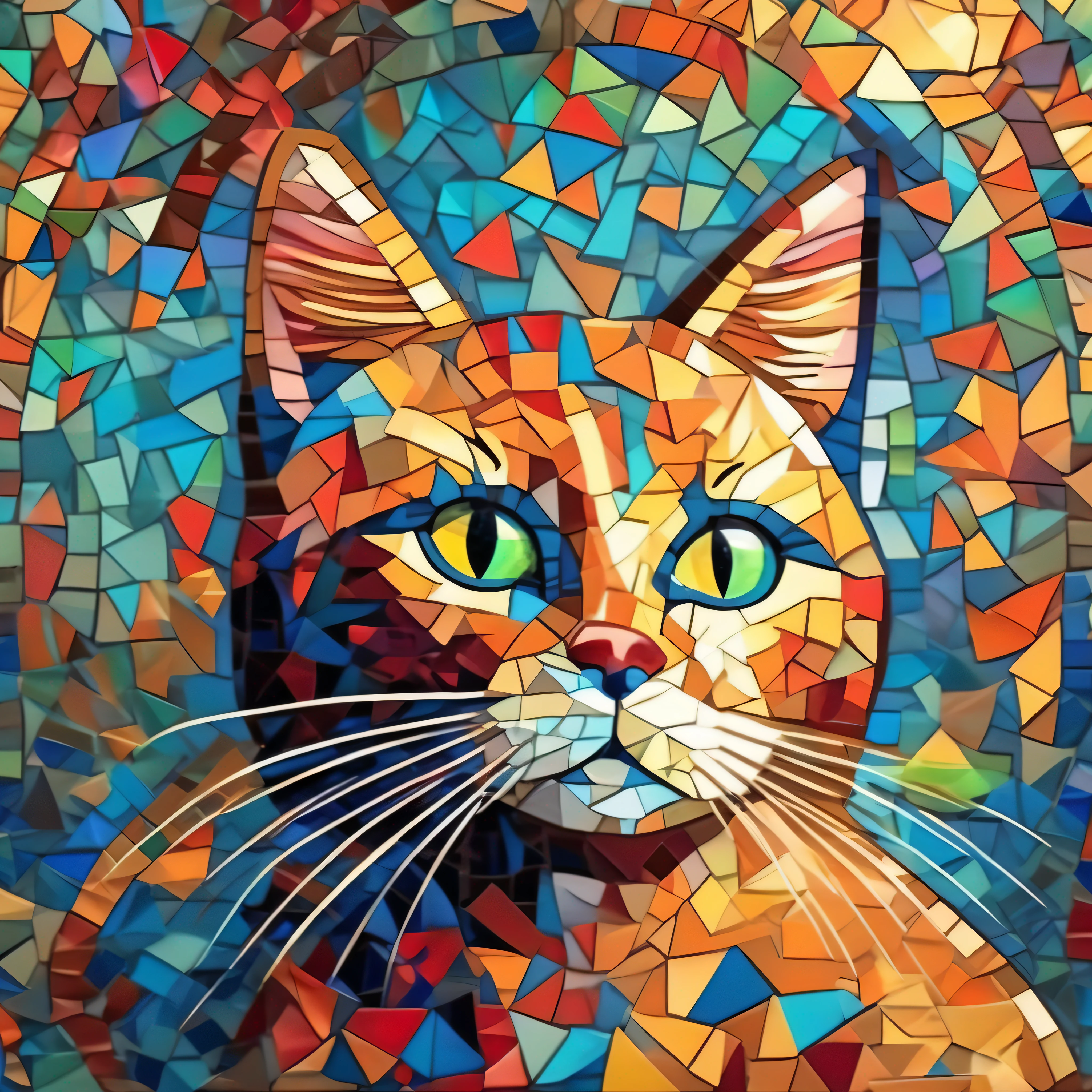 Mosaic art style cat, vibrant colors, indoor environment, soft lighting, calm mood, close-up composition