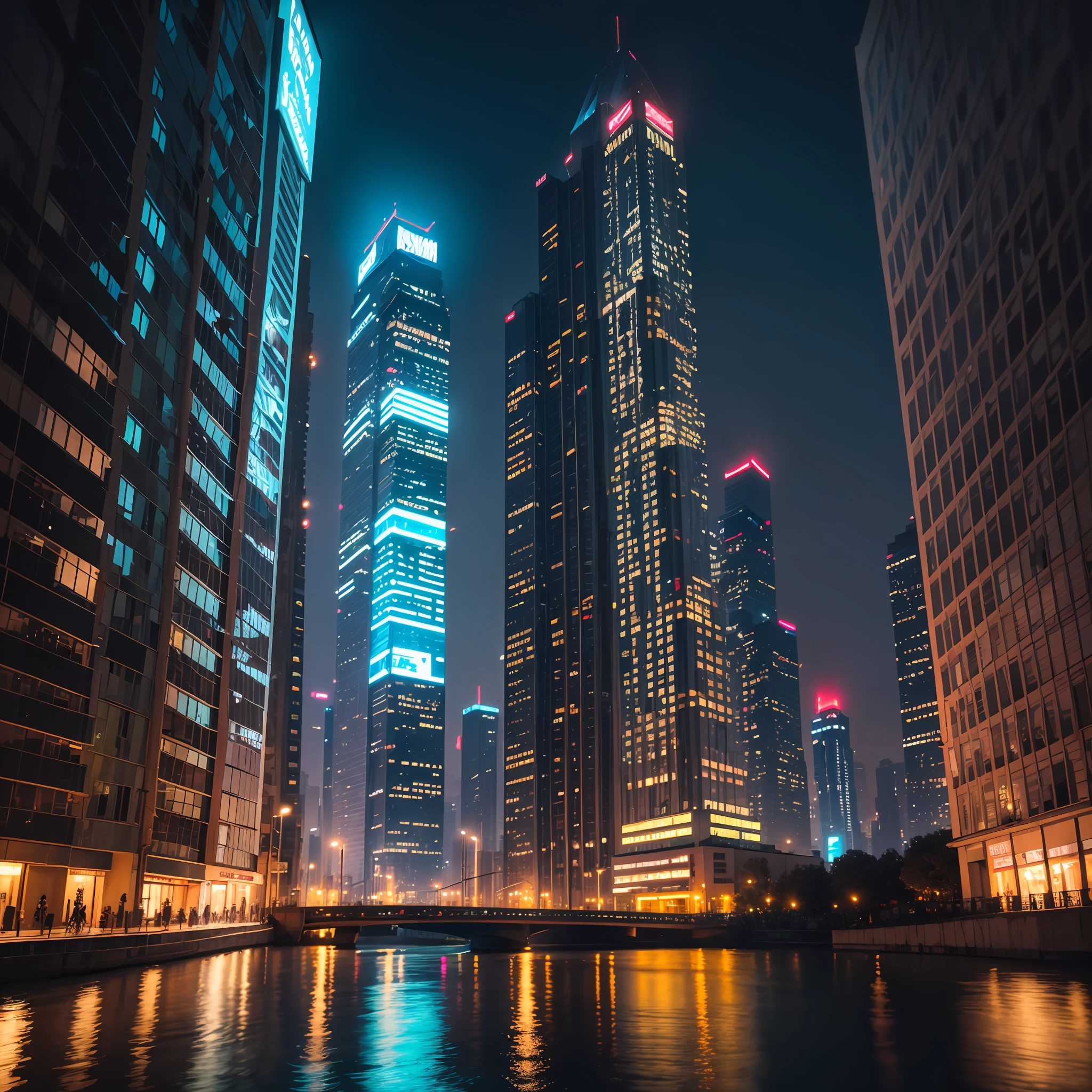 High-rise buildings，Neon shines，
The night is deep，Like black satin。
Riverside，Light reflection，
It's like a picture，Beautiful，true，8K，RAW photos，High resolution， --auto