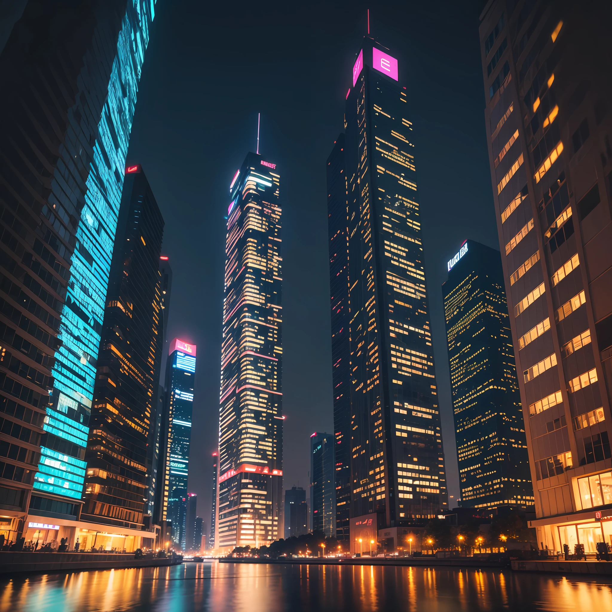 High-rise buildings,Neon shines,
The night is deep,Like black satin。
Riverside,Light reflection,
It's like a picture,Beautiful,true,8K,RAW photos,High resolution, --auto