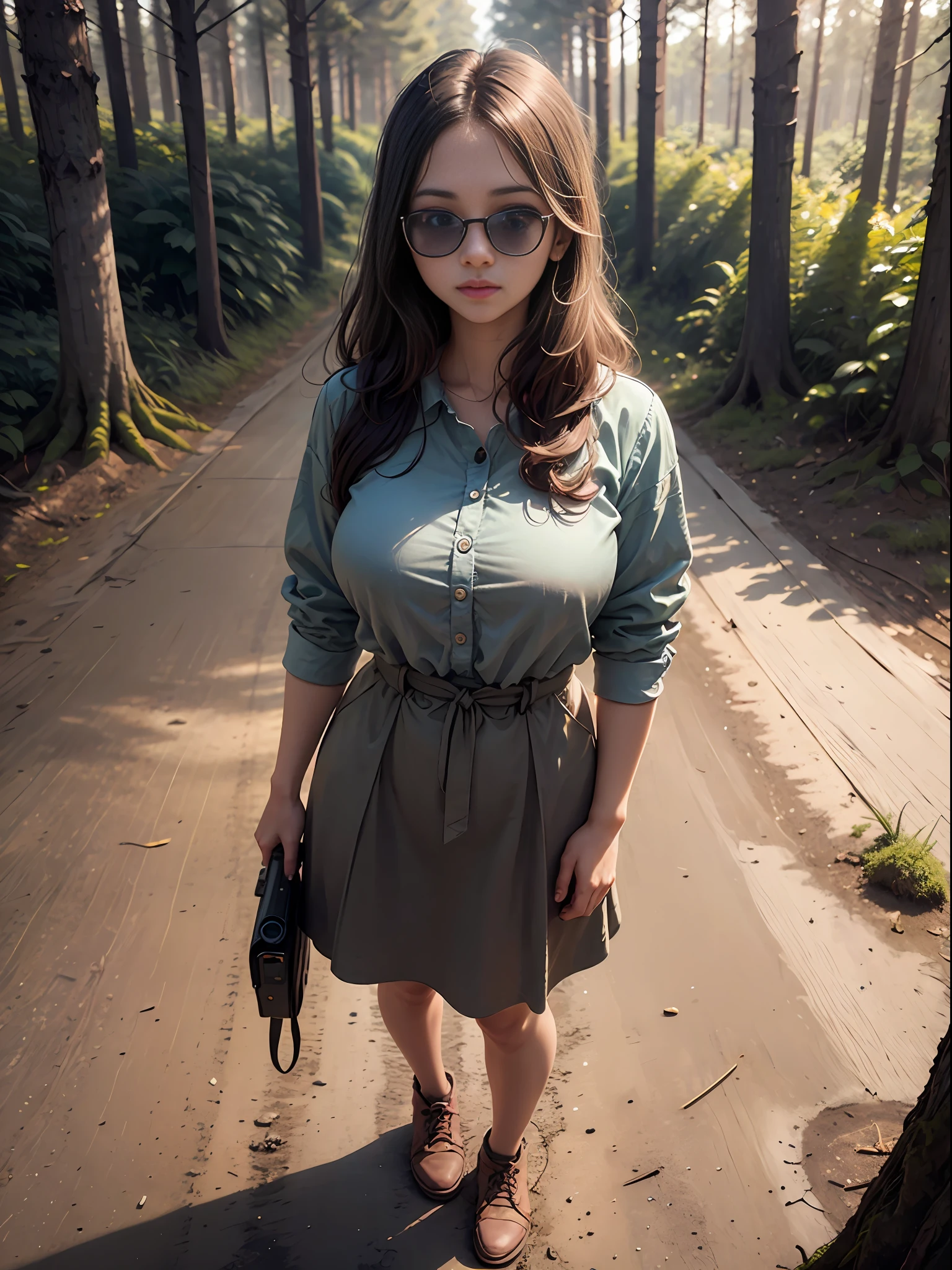 A beautiful portrait of a beautiful young girl, 25 years old, highly detail, HDR, portrait photography, forest background, wearing sunglass, (full body photo), camera looking straight, cinematic look, HD