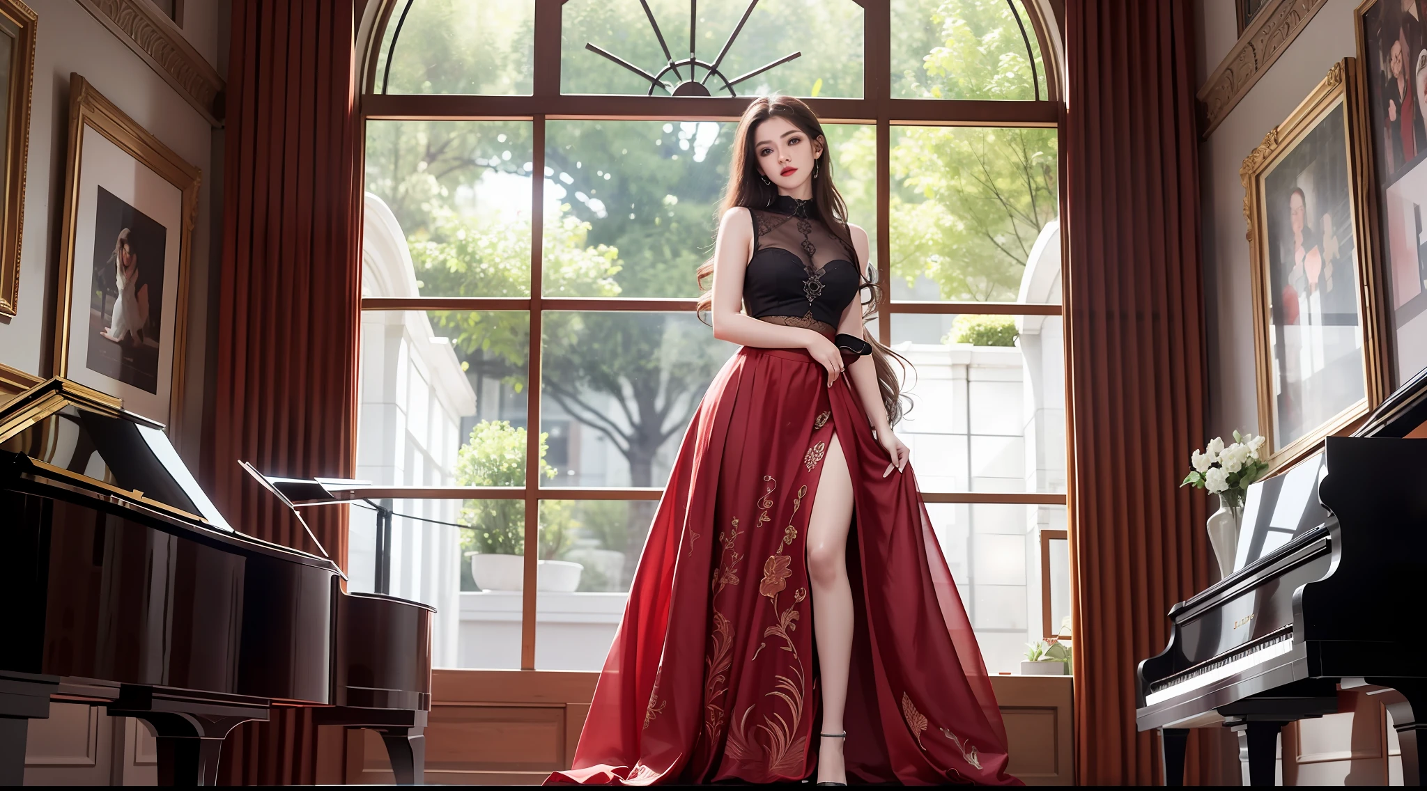 beautiful lighting, real life, beautiful 25 years old women, wear red color maxi skirt, stand beside piano, eye looking to camera , show full body view with legs, intricate, high detail, sharp focus, ultra realistic, 8K, masterpiece, best quality, high quality