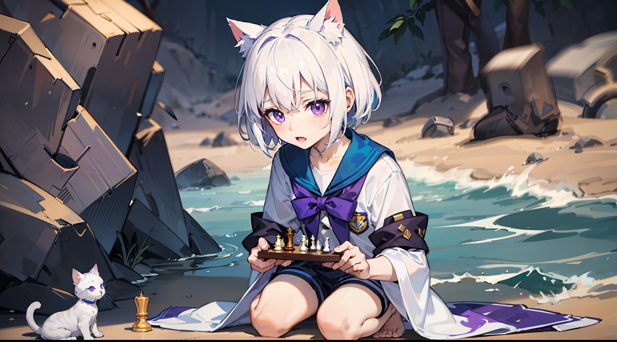 Pale skinned zombie white hair cat ears ,a short hair,Purple eyes,Blue and white striped sailor suit,Blue and white striped shorts,Barefoot,Play chess in the desert