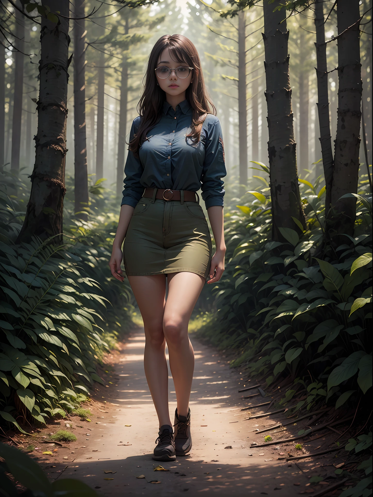 A beautiful portrait of a beautiful young girl, 25 years old, highly detail, HDR, portrait photography, forest background, wearing sunglass, (full body photo), camera looking straight, cinematic look, HD