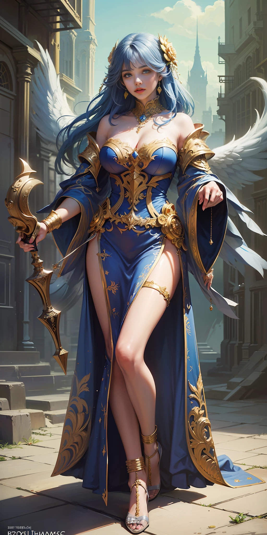 ((((Highest picture quality, Best quality, Masterpiece, transcendent beauty))), the most detailed skin, Realistic, Complex background, cinematic feel, Full body, huge celestial city, machine wand, aristocratic costume, magician, concept art by theCHAMBA, Photoreal, Sideways
