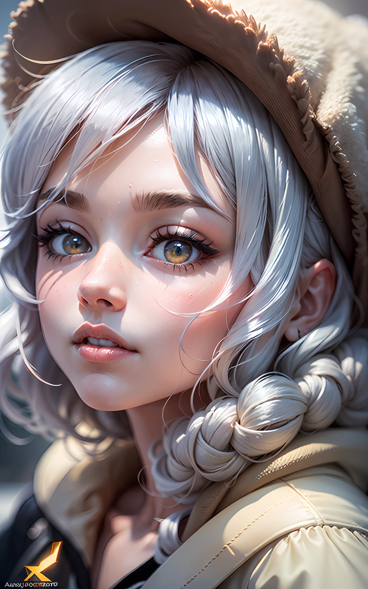 (award winning 64k concept art:1.3) of (young woman:1.2), fluffy, in fluffy coat, winter hat, sweet, holding her breath, front, epic, god rays, (portrait:1.2), (masterpiece:1.2), (best quality:1.3), Amazing, highly detailed, beautiful, finely detailed, warm soft color grading, (Depth of field:1.4), extremely detailed 64k, fine art, stunning, (light reflections:1), (crisp:1.6), silver short curls, winter, vibrant, sunlit, (edge detection:1.4), absurdres, impressive, 120mm, extremely clear, lens flare, motion lines