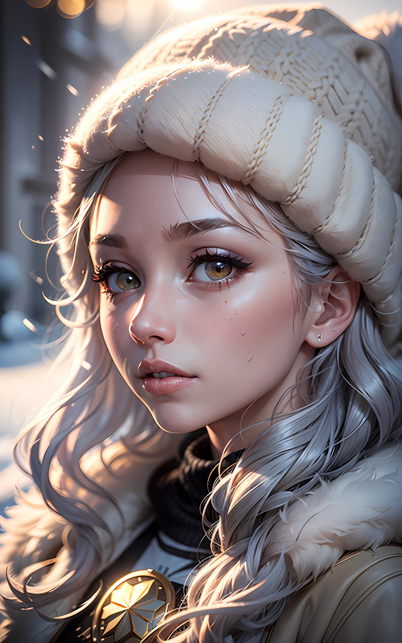 (award winning 64k concept art:1.3) of (young woman:1.2), fluffy, in fluffy coat, winter hat, sweet, holding her breath, front, epic, god rays, (portrait:1.2), (masterpiece:1.2), (best quality:1.3), Amazing, highly detailed, beautiful, finely detailed, warm soft color grading, (Depth of field:1.4), extremely detailed 64k, fine art, stunning, (light reflections:1), (crisp:1.6), silver short curls, winter, vibrant, sunlit, (edge detection:1.4), absurdres, impressive, 120mm, extremely clear, lens flare, motion lines