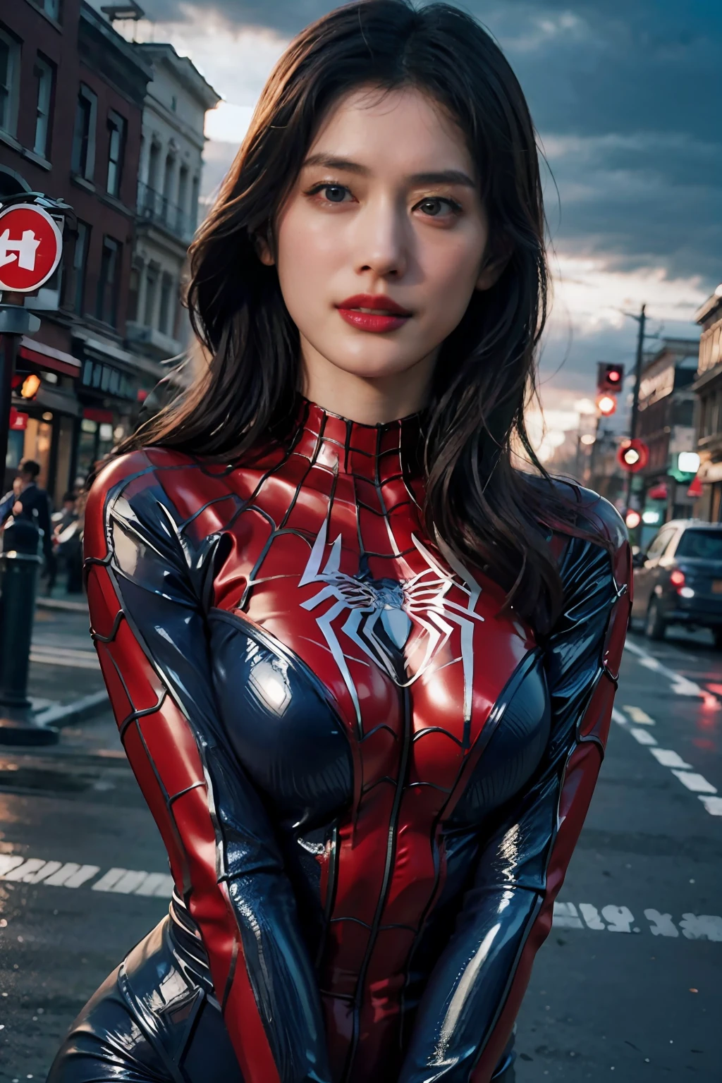 (wearing spiderwoman_cosplay_outfit:1.1), in front of a sky, (red and blue outfit:1.3),
good hand,4k, high-res, masterpiece, best quality, head:1.3,((Hasselblad photography)), finely detailed skin, sharp focus, (cinematic lighting), night, soft lighting, dynamic angle, [:(detailed face:1.2):0.2], medium breasts, outside,