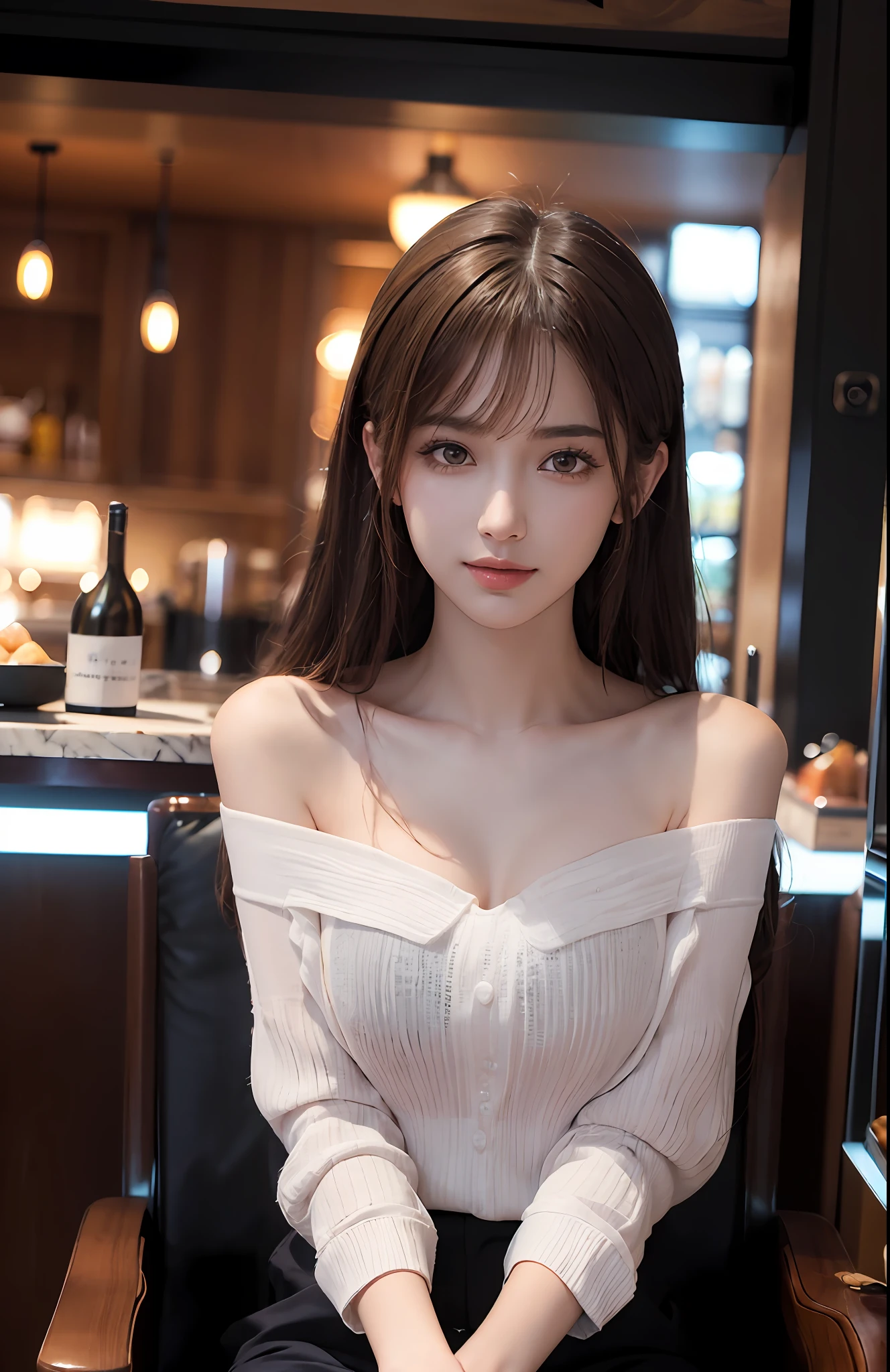 (Ultra Real), (Illustration), (High Resolution), (8K), (Very Detailed), (Best Illustration), (Beautiful and Detailed Eyes), (Best Quality), (Ultra Detailed), (Masterpiece), (Wallpaper), (Detailed Face), Solo, One Girl, Full Body, Staring Viewer, Fine Eyes and Mouth, Detailed Face, Bar Counter, In the Dark, Low Key, pureerosfaceace_v1, Smile, Long Hair, Dark blonde straight hair, bangs, sitting in a chair, beautiful teeth, blushing cheeks, fascinated look, complex off-shoulder clothes,