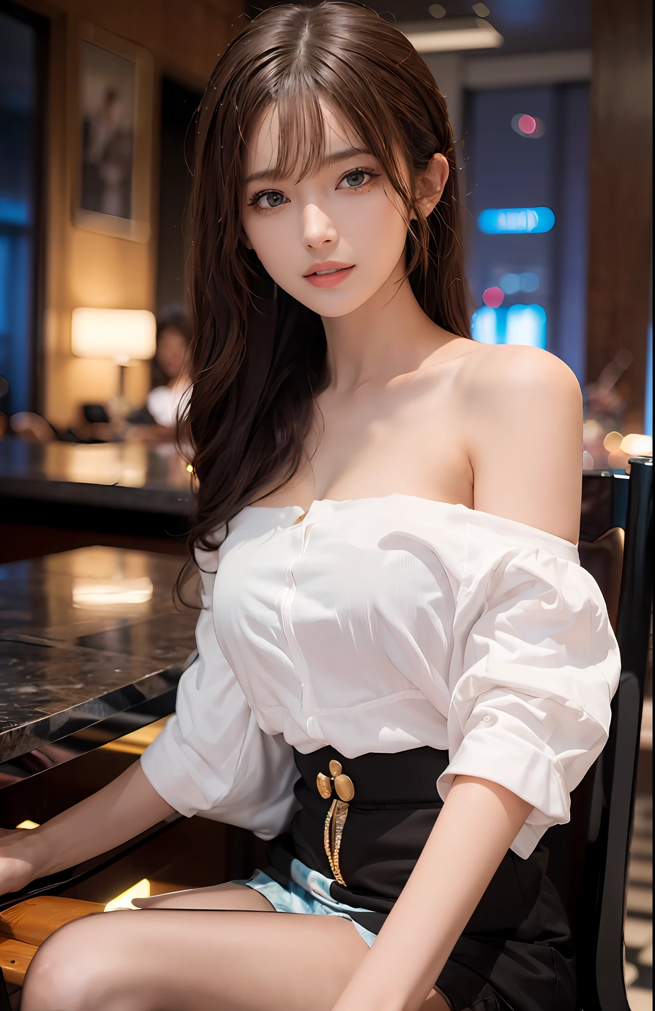 (Ultra Real), (Illustration), (High Resolution), (8K), (Very Detailed), (Best Illustration), (Beautiful and Detailed Eyes), (Best Quality), (Ultra Detailed), (Masterpiece), (Wallpaper), (Detailed Face), Solo, One Girl, Full Body, Staring Viewer, Fine Eyes and Mouth, Detailed Face, Bar Counter, In the Dark, Low Key, pureerosfaceace_v1, Smile, Long Hair, Dark blonde straight hair, bangs, sitting in a chair, beautiful teeth, blushing cheeks, fascinated look, complex off-shoulder clothes,