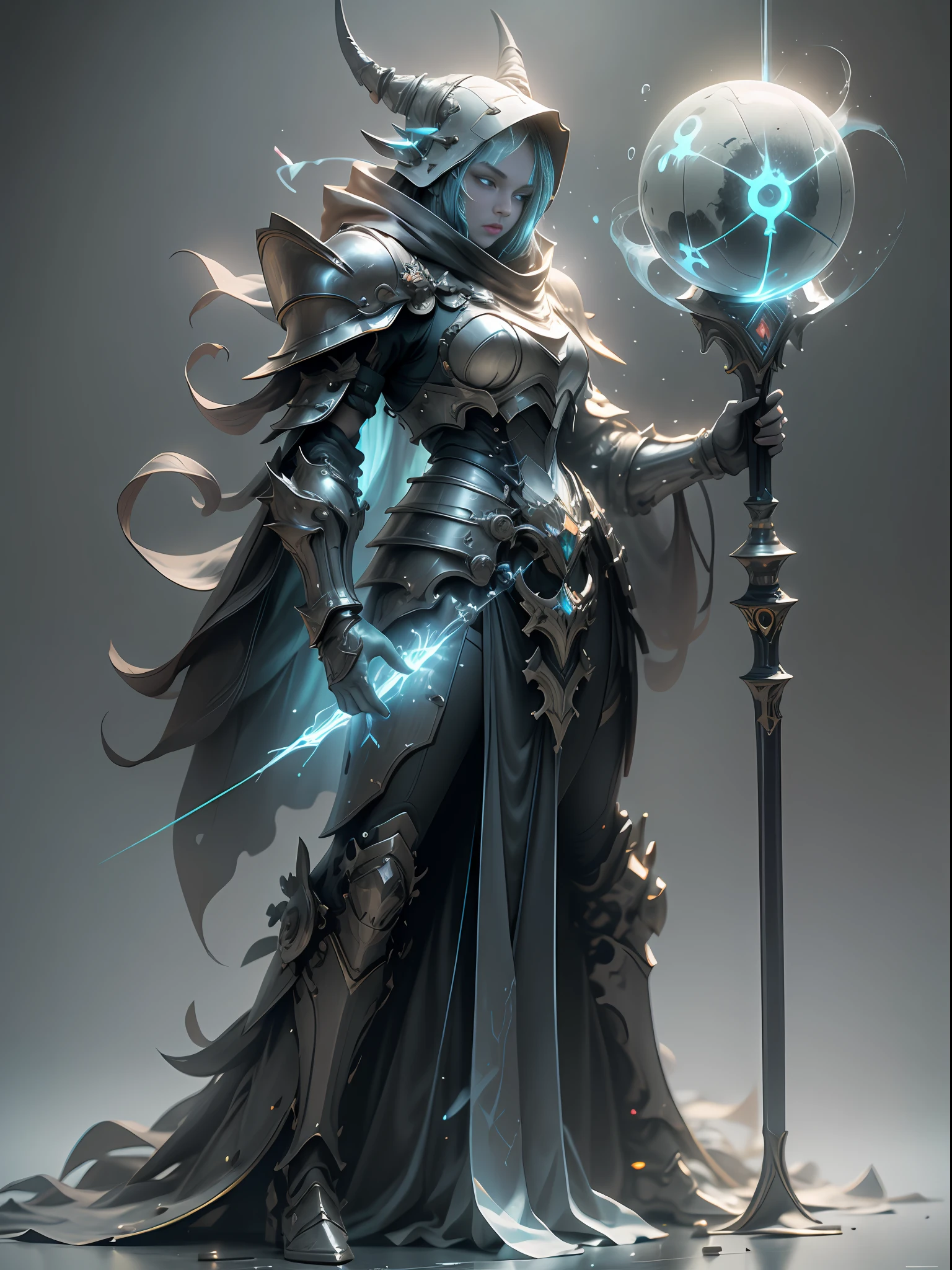 Ghost armor holding huge ice wand, mage, full body ice blue armor, super cool ghost mage, wearing ice blue cloak, huge staff, magic ball, magic casting pose, tall figure, glowing eyes, tall figure, perfect body proportions, super detail, IP by pop mart, edge light, avatar, octane rendering, blender, full body, clean black background, 3d, c4d, best quality, very detailed, ancient technology, HDR (high dynamic range), Ray Tracing, NVIDIA RTX, Super Resolution, Unreal 5, Subsurface Scattering, PBR Textures, Post-Processing, Anisotropic Filtering, Depth of Field, Maximum Sharpness and Acutance, Multi-layer Textures, Albedo and Highlight Maps, Surface Shading, Accurate Simulation of Light-Material Interactions, Perfect Proportions, Octane Rendering, Two-tone Lighting, Low ISO, White Balance, Rule of Thirds, Wide Aperture, 8K RAW, High Efficiency Sub-Pixel, Subpixel Convolution, Luminous Particles, Light Scattering, Tyndall Effect