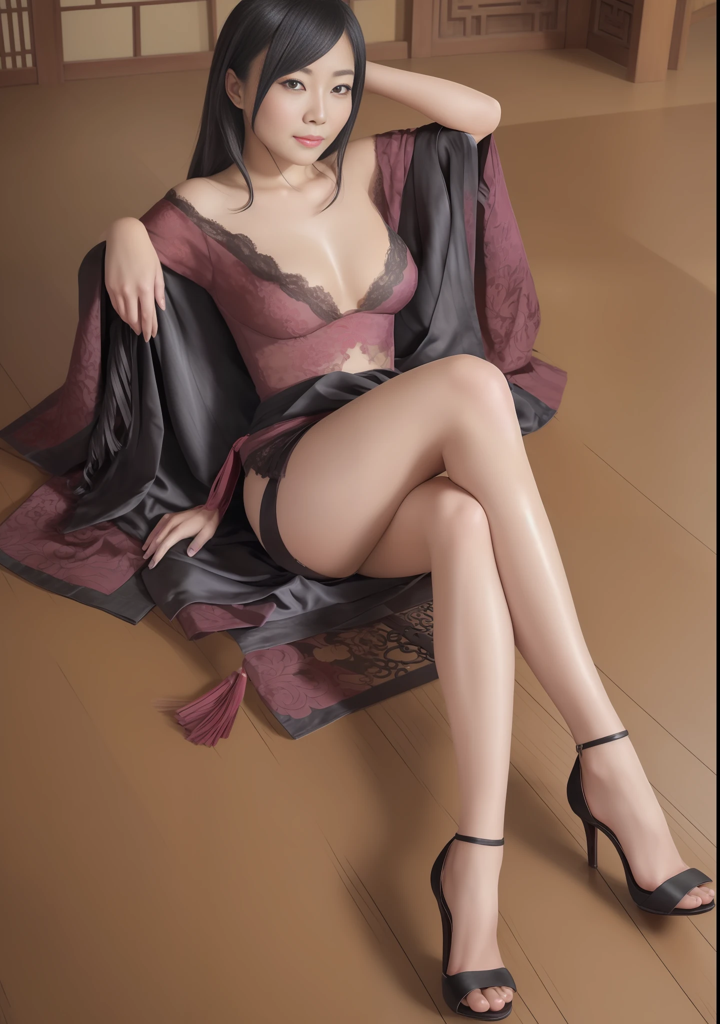 A sexy and seductive lady, high-forked hanfu, gorgeous hanfu, stiletto heels, bare legs, teasing expression, erlang legs, sexy pose, striped hair, black hair, moles under the eyes, half-closed eyes, makeup, photorealistic, realistic style, chinese court, chinese feeling, chinese knots, uhd, masterpiece, 8k, BEST QUALITY, CCURATE, ANATOMICALLY CORRECT, HIGHLY DETAILED CHARACTERS, STILETTO HEELS, BARE LEGS, ROUND SMOOTH BARE LEGS, (8k, RAW photo, best quality, masterpiece:1.2), european feel, medieval, ((character concept art), whole body concept, still life, fine detail, center of screen, still life only, sexy pose,