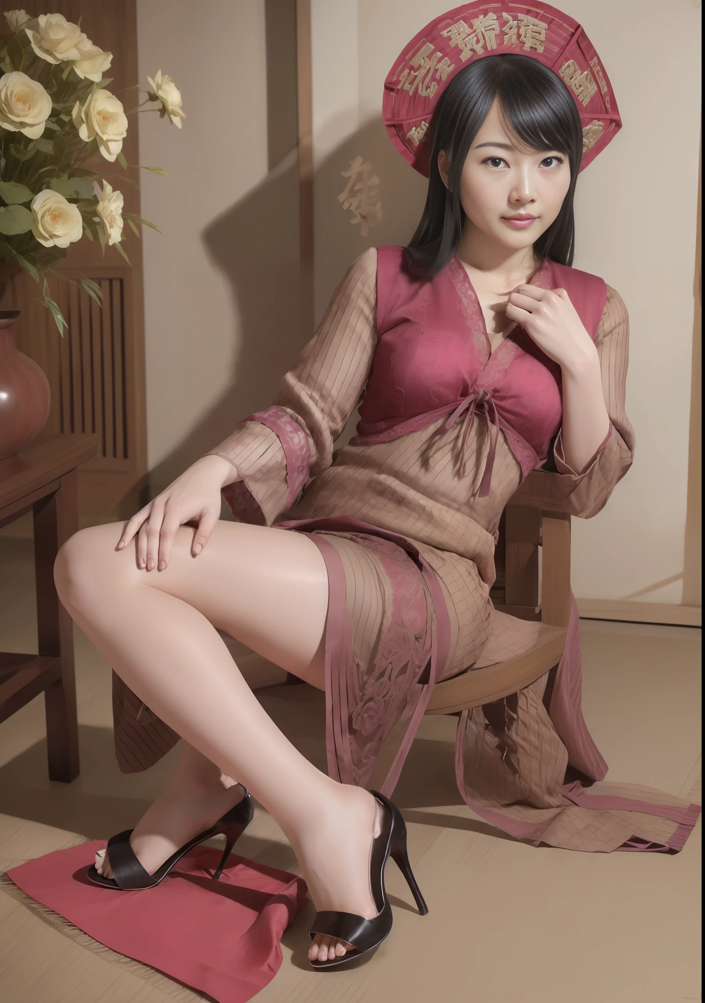 A sexy and seductive lady, high-forked hanfu, gorgeous hanfu, stiletto heels, bare legs, teasing expression, erlang legs, sexy pose, striped hair, black hair, moles under the eyes, half-closed eyes, makeup, photorealistic, realistic style, chinese court, chinese feeling, chinese knots, uhd, masterpiece, 8k, BEST QUALITY, CCURATE, ANATOMICALLY CORRECT, HIGHLY DETAILED CHARACTERS, STILETTO HEELS, BARE LEGS, ROUND SMOOTH BARE LEGS, (8k, RAW photo, best quality, masterpiece:1.2), european feel, medieval, ((character concept art), whole body concept, still life, fine detail, center of screen, still life only, sexy pose,