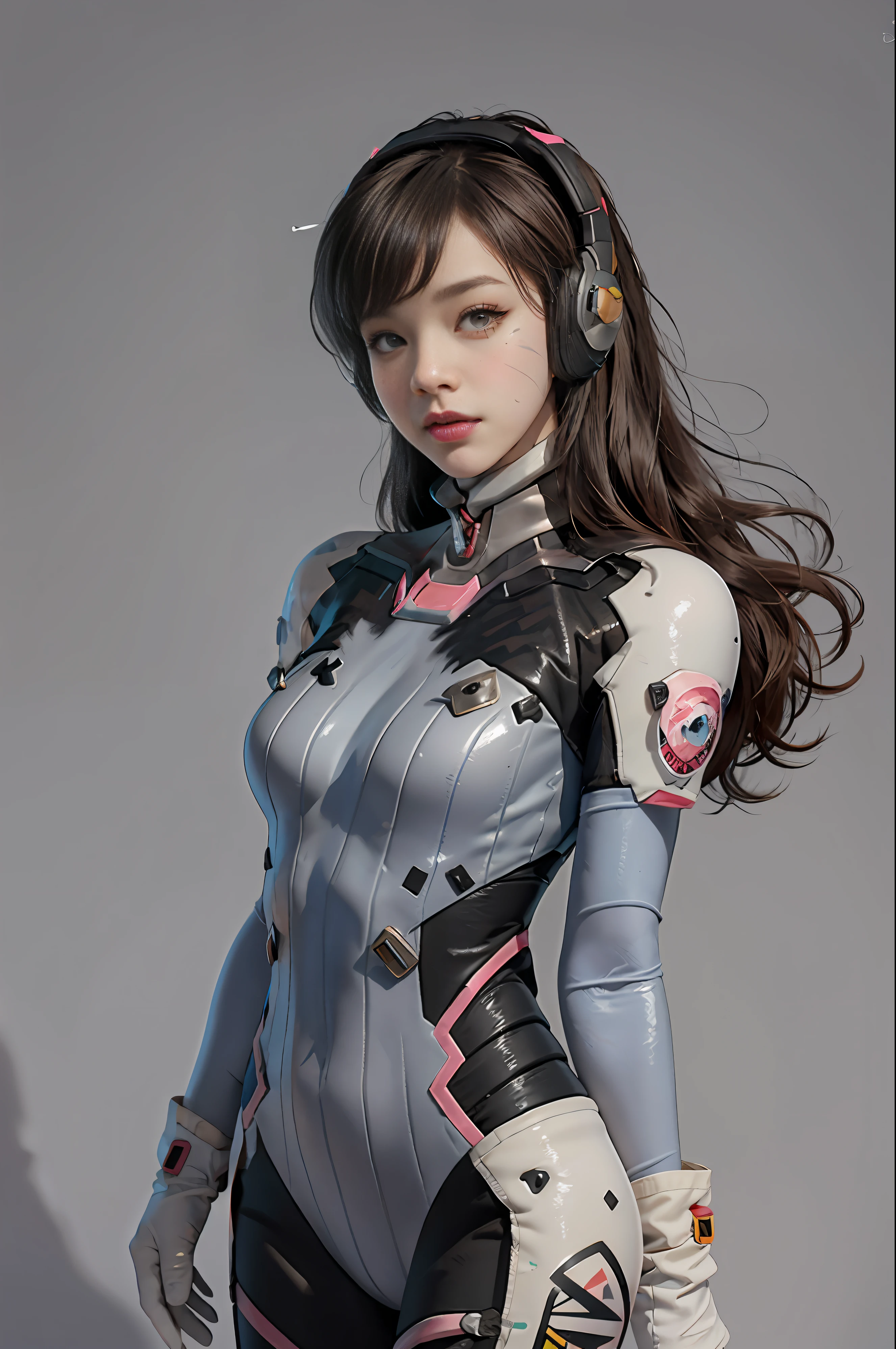 masterpiece, best quality,1girl, d.va (overwatch), solo, long hair, whisker markings, bodysuit, brown hair, facial mark, gloves, breasts, brown eyes, pilot suit, cowboy shot, headphones, white gloves, medium breasts, swept bangs, skin tight, animal print, bangs, bunny print, ribbed bodysuit, facepaint, pink lips,(grey background:1.2),simple background, (kbxll:0.6)