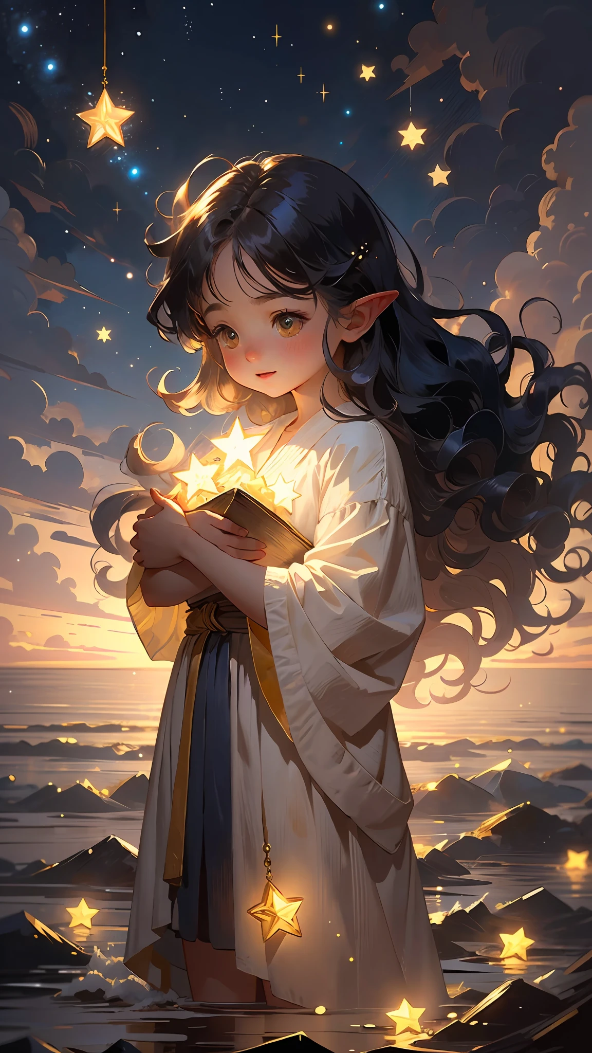 1girl, elf, pointy ears, long hair, dark blue hair, glowing golden eyes, star mage, dark blue and gold mage robe, starlight, star,