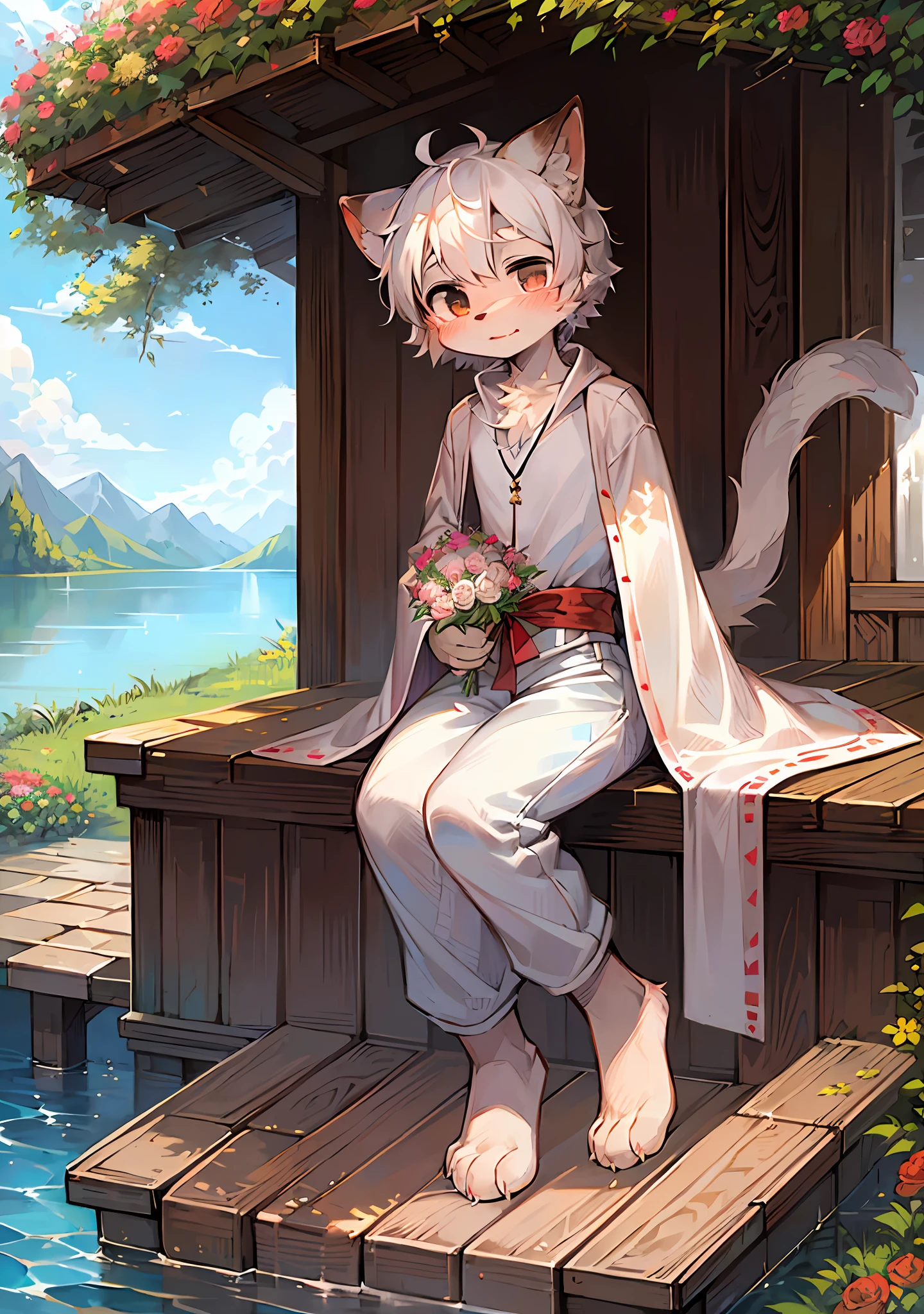 (Bright environment:0.8),Masterpiece,high-quality,abstract res,Digital painting\(piece of art\), By Dagasi, Yupa,Kiyosan,(anthro,Fluffy fur,Character focus:1.1),anthro male cat,Short hair,portrait , Bright eyes, panorama, Character focus.(Detailed background:0.7), solo, shaggy, Hairy male, Male focus, anthr,(Full body fur, Fluffy big tail, White fur, Black eyes, White hair:1.2), (Long canids、Junior high school student、White robe，White trousers，White top with long sleeves：1.2），（Bright outdoors，Blue sky，Bouquet，Fine，shy，a paradise，Lake，Exquisite：1.1）