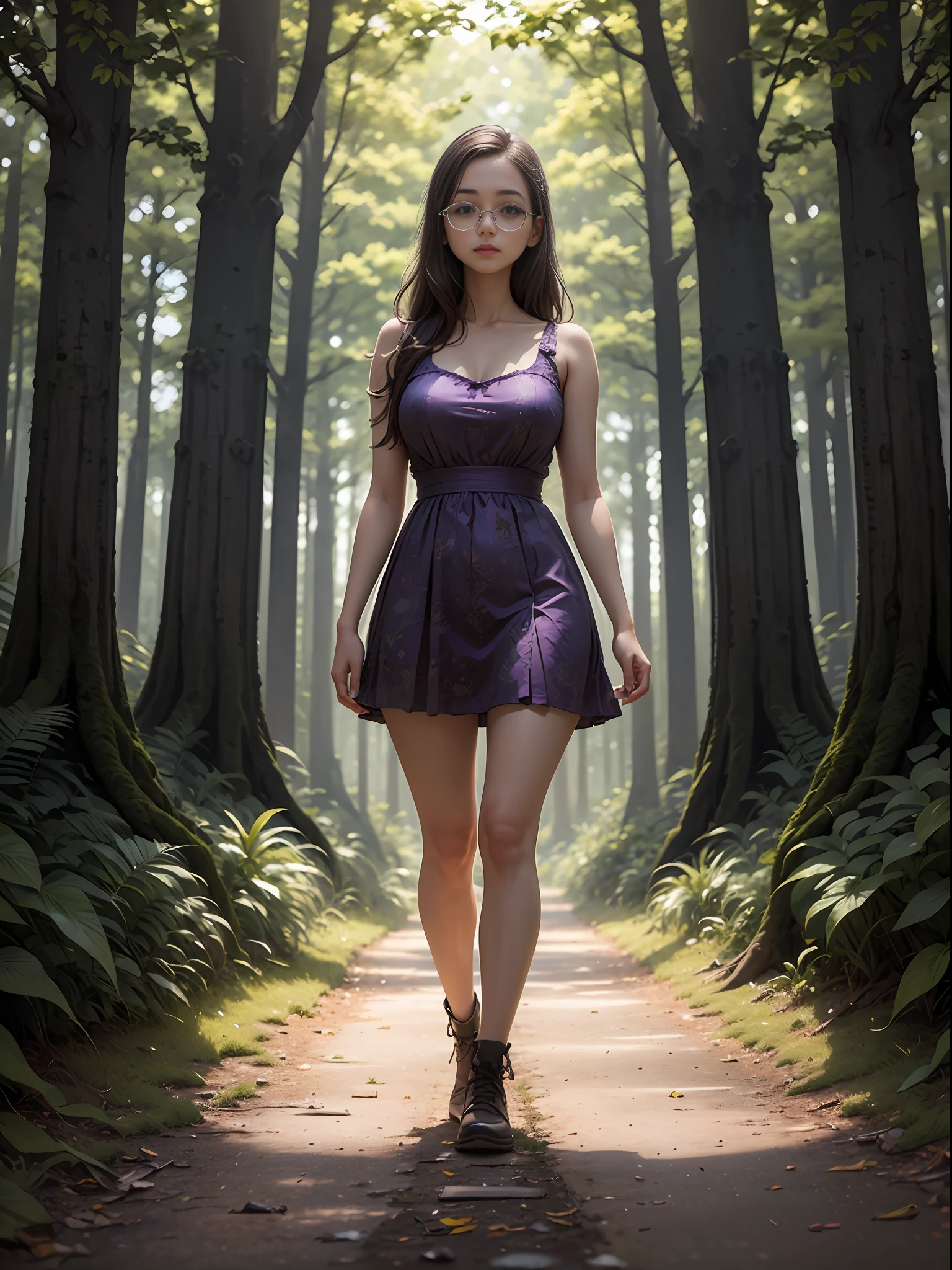 A beautiful portrait of a beautiful young girl, 25 years old, highly detail, HDR, portrait photography, forest background, purple dress to the legs, wearing sunglass, (full body photo), camera looking straight, cinematic look, HD