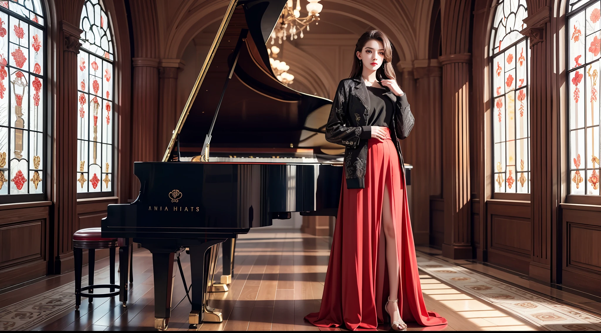 beautiful lighting, real life, beautiful 25 years old women, wear red color maxi skirt, stand beside piano, eye looking to camera , show full body view with legs, intricate, high detail, sharp focus, ultra realistic, 8K, masterpiece, best quality, high quality