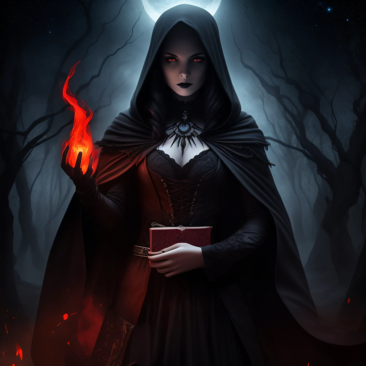 "Holding a red book, dressed in black."
