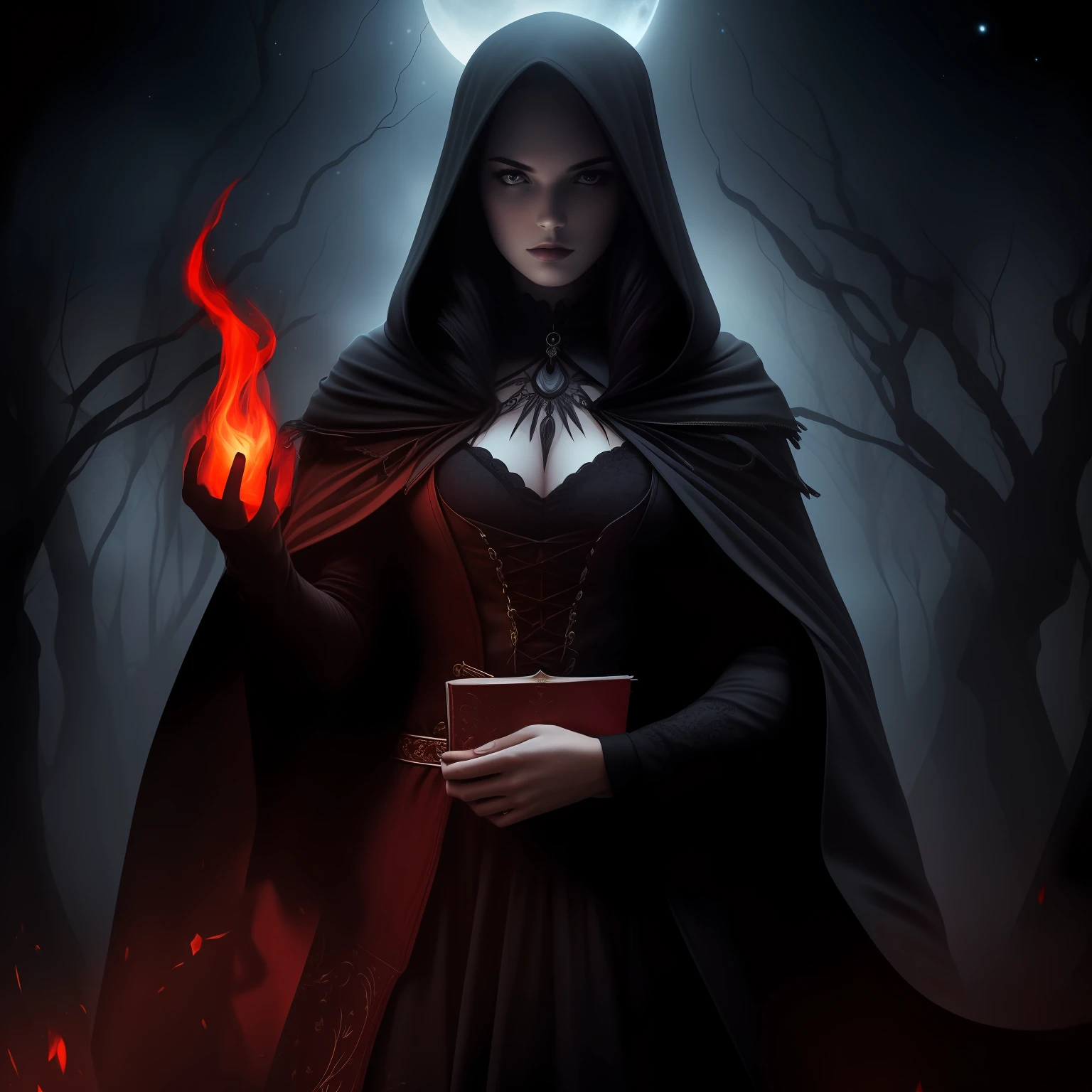 "Holding a red book, dressed in black."