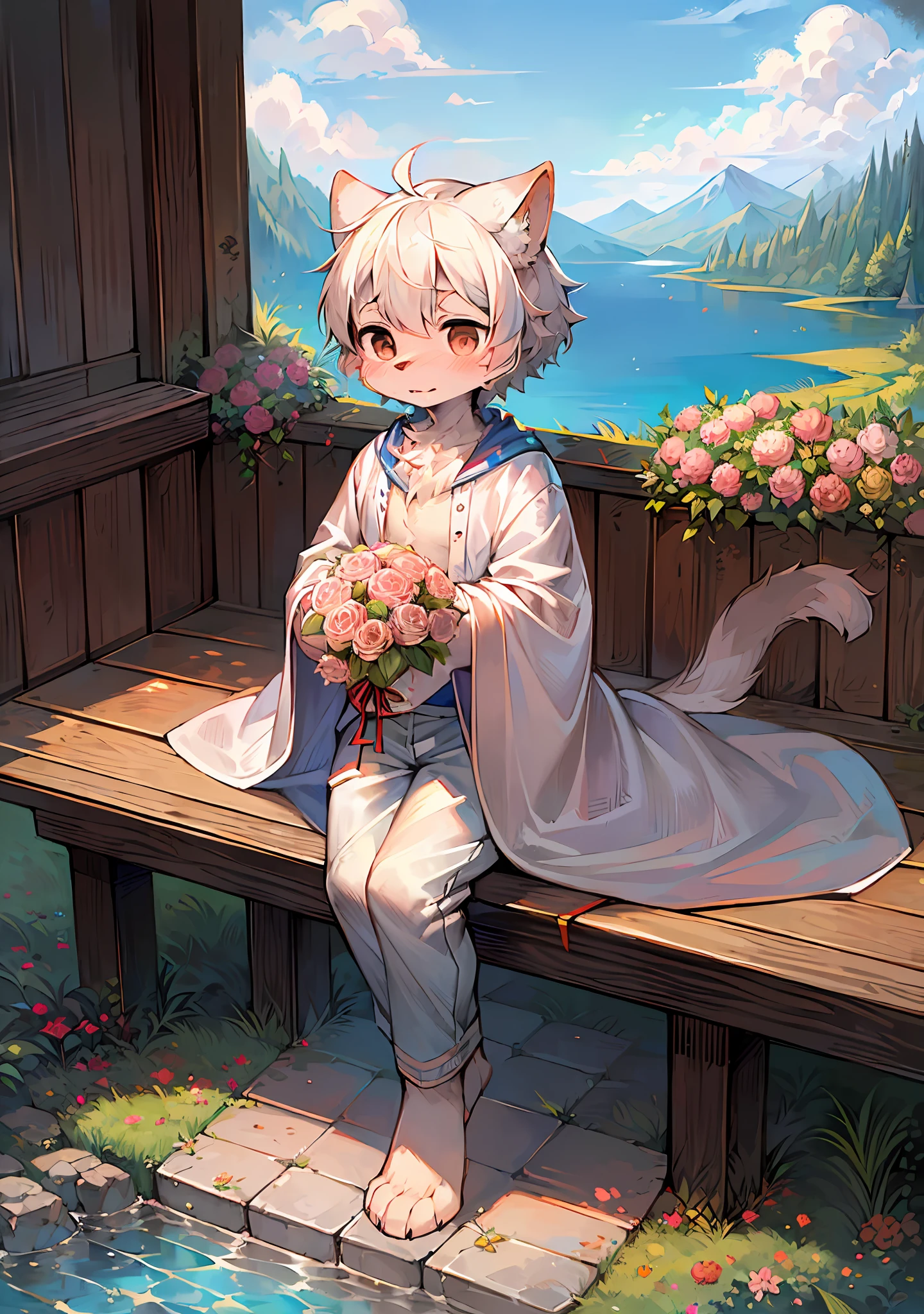 (Bright environment:0.8),Masterpiece,high-quality,abstract res,Digital painting\(piece of art\), By Dagasi, Yupa,Kiyosan,(anthro,Fluffy fur,Character focus:1.1),anthro male cat,Short hair,portrait , Bright eyes, panorama, Character focus.(Detailed background:0.7), solo, shaggy, Hairy male, Male focus, anthr,(Full body fur, Fluffy big tail, White fur, Black eyes, White hair:1.2), (Long canids、Junior high school student、White robe，White trousers，White top with long sleeves：1.2），（Bright outdoors，Blue sky，Bouquet，Fine，shy，a paradise，Lake，Exquisite：1.1）