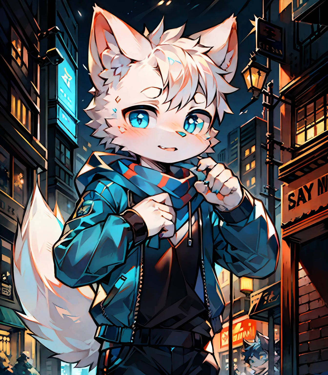 Highest picture quality，Delicate painting style，Delicate hook lines，Masterpieces，Fine skin，Delicate hair，Delicate hands，Delicate eyes，Normal eyes，White cat ears，shaggy，Blue eyes，Handsome，（（White scarf）），Cat style，Shota，Cyberpunk, Blue pupils, Night view of the city, , Dappled light and shadow, boy，Shota，There are bright eyes of God，White fur，blue jacket