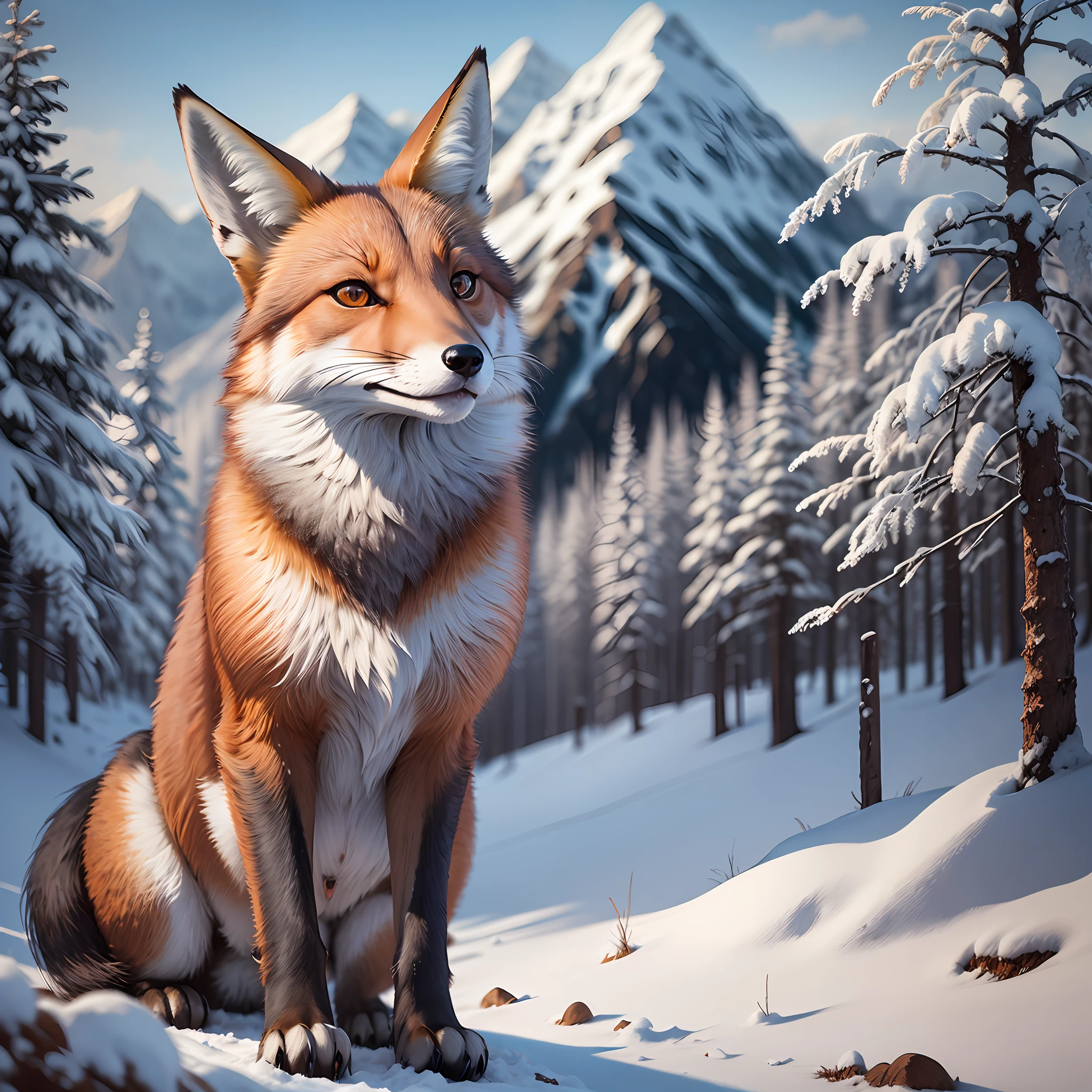 A brown fox, sharp focus, wild photoshoot, snow, mountain trees, ((masterpiece)), (high quality:1.5) --auto --s2