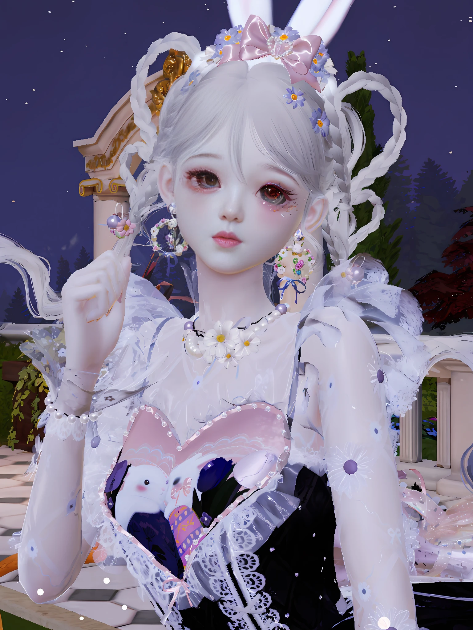 There is a girl with bunny ears and dress, fairy core, loli, guvitz, close-up character, pale milky porcelain skin, porcelain white skin, ball joint doll, CG society