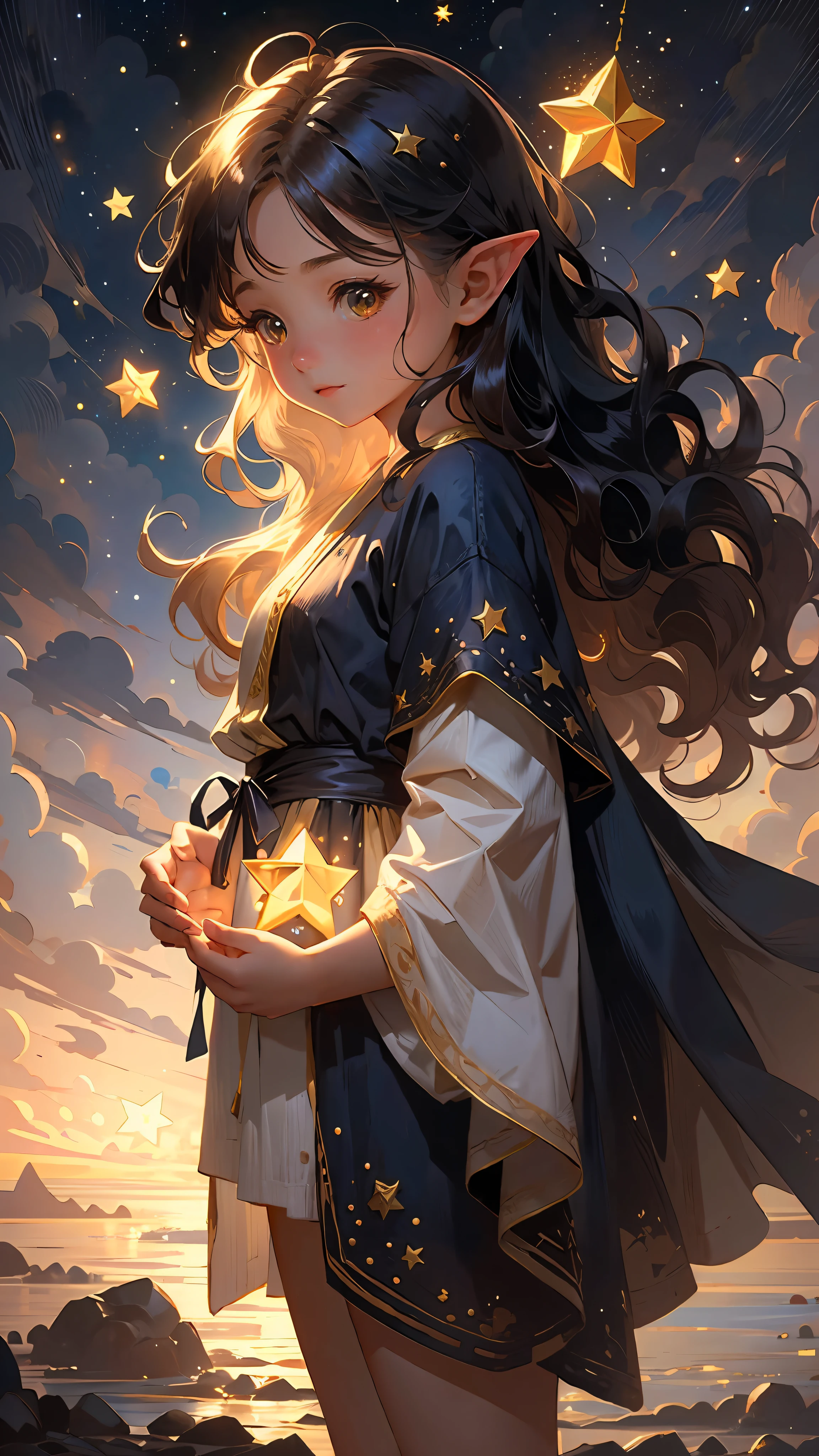 1girl, elf, pointy ears, long hair, dark blue hair, glowing golden eyes, star mage, dark blue and gold mage robe, starlight, star,