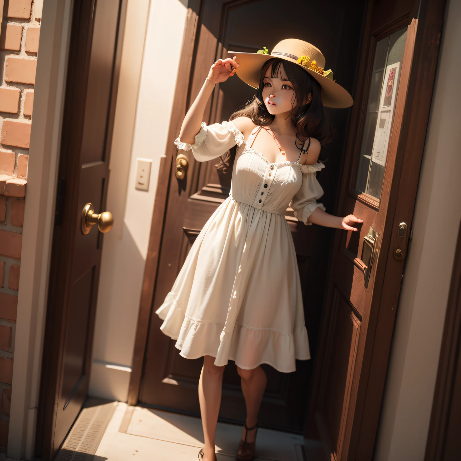 A girl, the girl next door, in a white dress and a yellow hat sits at the door of the house