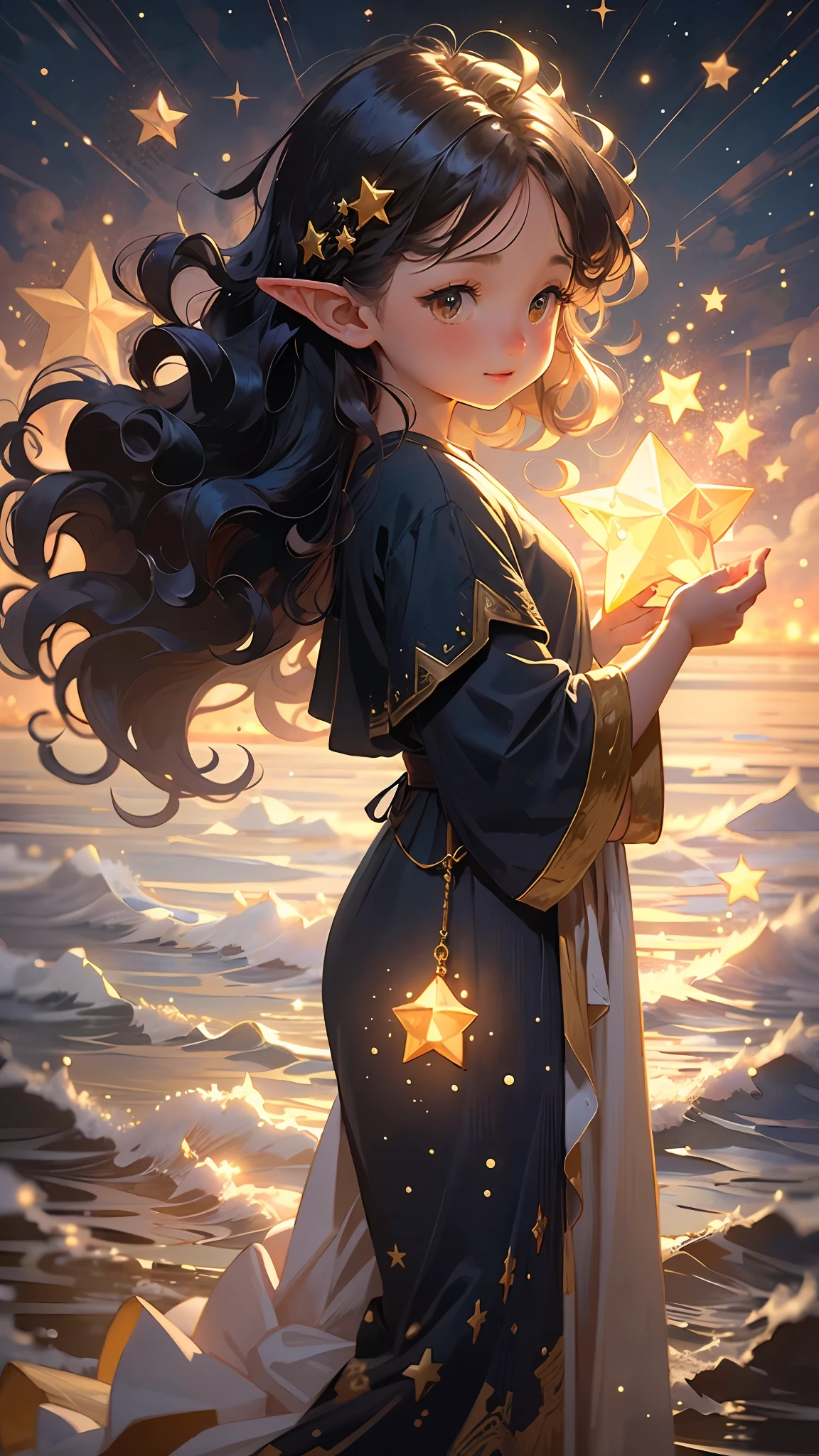 1girl, elf, pointy ears, long hair, dark blue hair, glowing golden eyes, star mage, dark blue and gold mage robe, starlight, star,