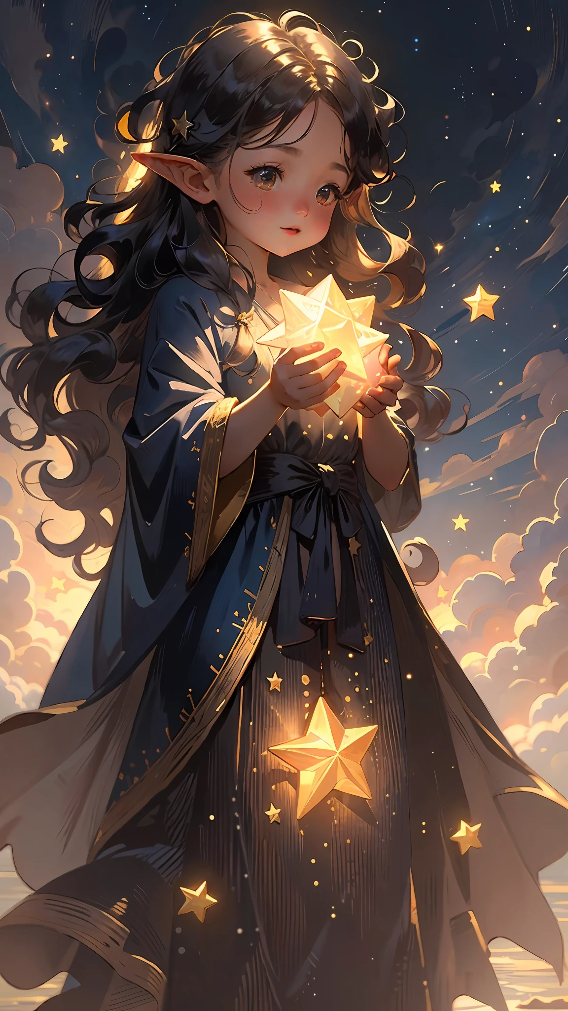 1girl, elf, pointy ears, long hair, dark blue hair, glowing golden eyes, star mage, dark blue and gold mage robe, starlight, star,