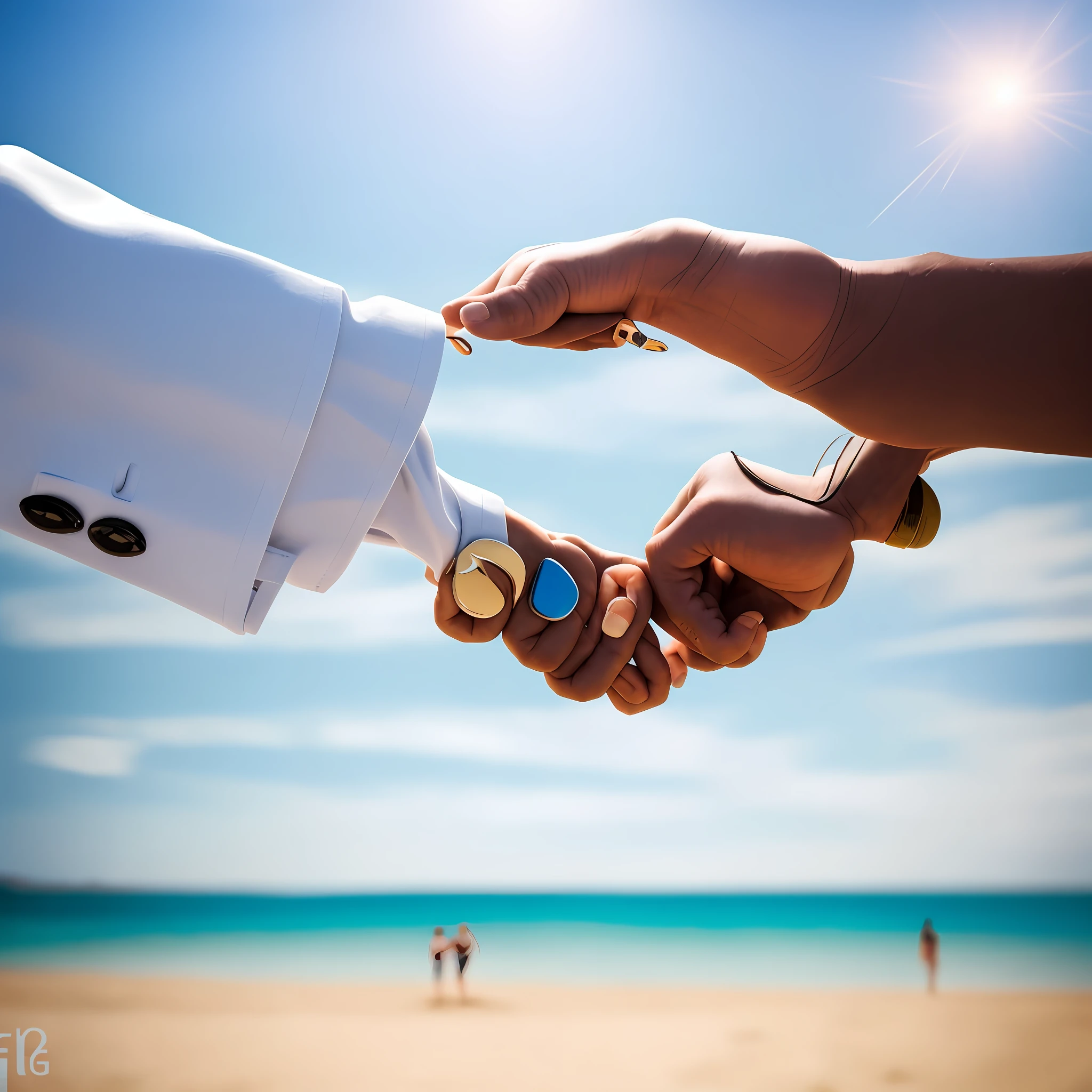 there are two people shaking hands on a beach with a blue sky, shaking hands, reaching out to each other, in a beachfront environment, advertising photo, dramatic contrast, close together, version 3, leaked image, lisa kristine, holding hand, a harmonious integration, high quality photos, crisp details, accurate and detailed, close establishing shot, high quality picture --auto