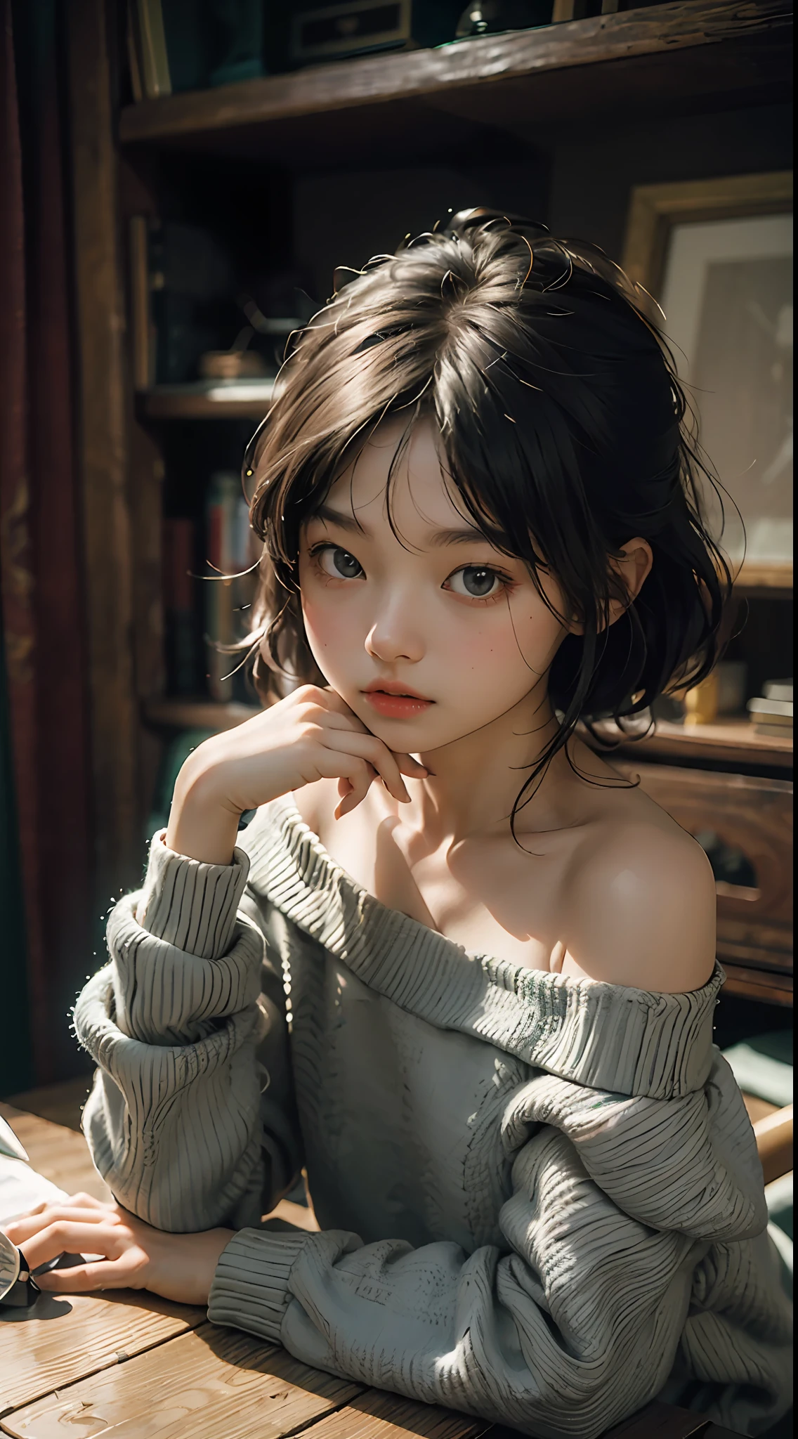 best quaity，Masterpieces，ultra-high res，（fidelity：1.4），original photo，1 little girl,6 years old，Off-shoulder，Film Lighting